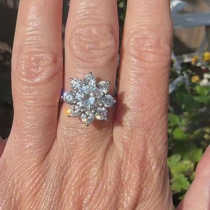 Vintage 9ct 'Faux diamond' halo cluster ring ~ Cubic Zirconia flower ring