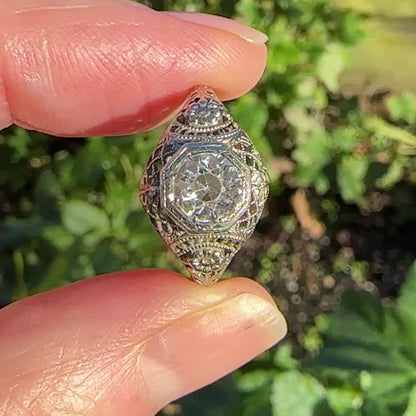 Antique white gold filigree and white sapphire solitaire ring c1900's