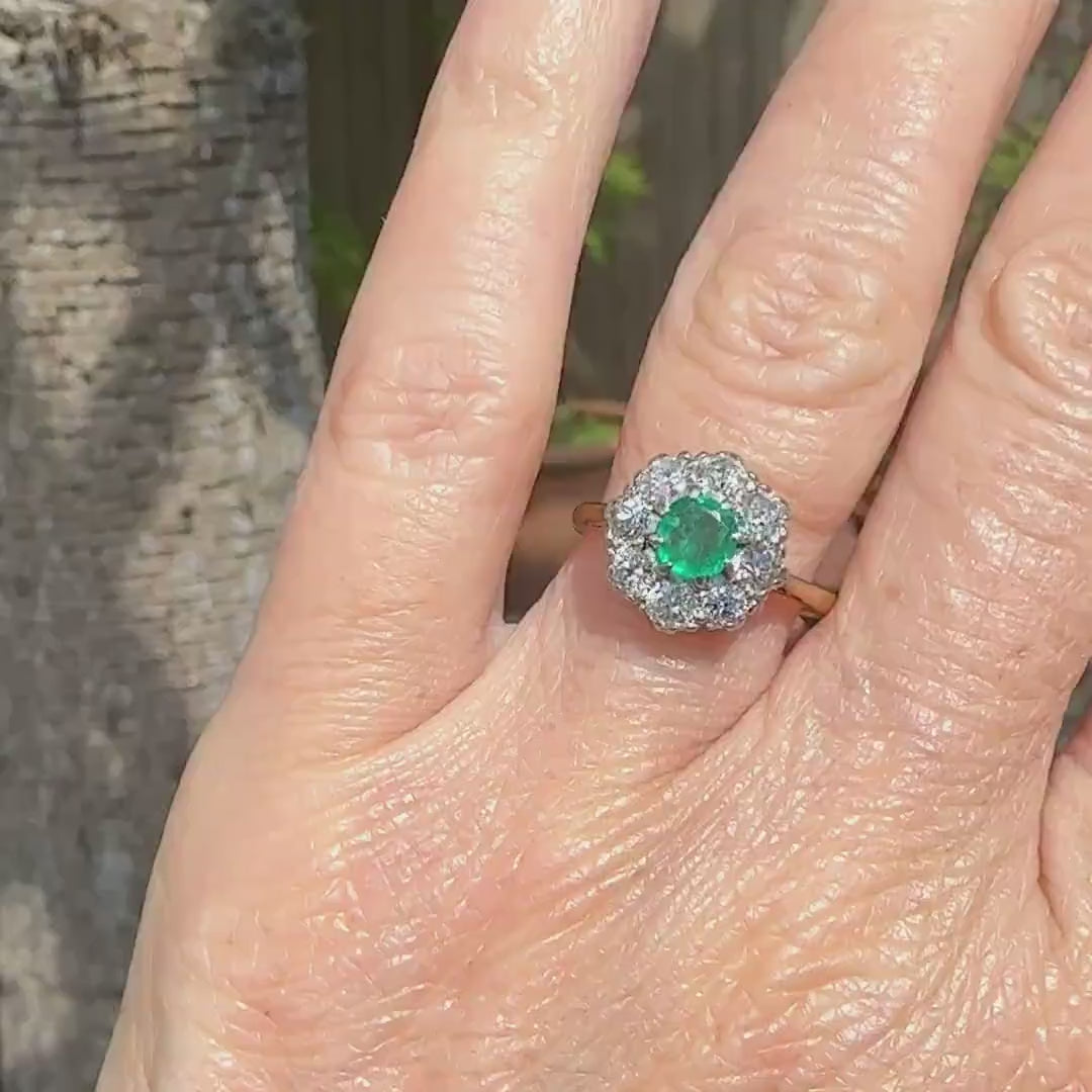 Antique Emerald & Diamond daisy cluster ring 18ct gold - Platinum ~ Independent Valuation
