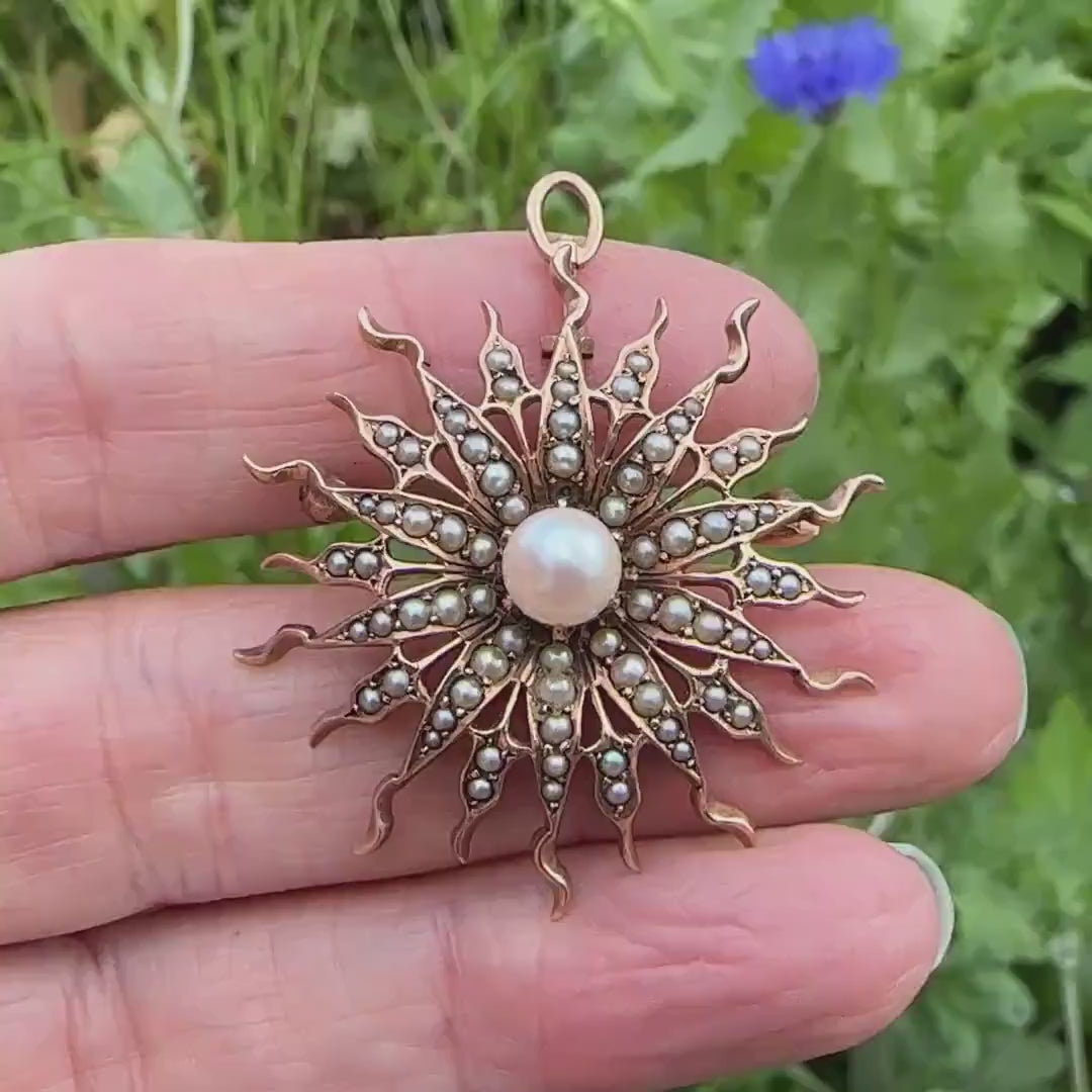 Antique gold Sunburst Pearl & seed pearl pendant/brooch c1890's - 1900's 7.9 grams