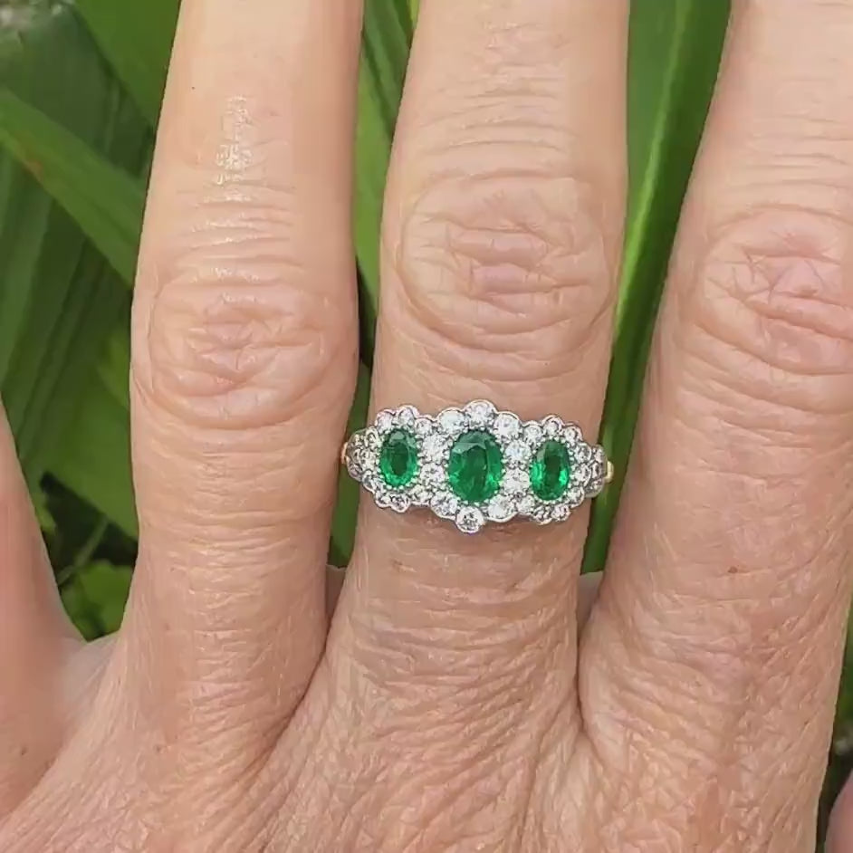 Vintage 18ct gold Emerald & Diamond triple daisy cluster ring ~ With Valuation