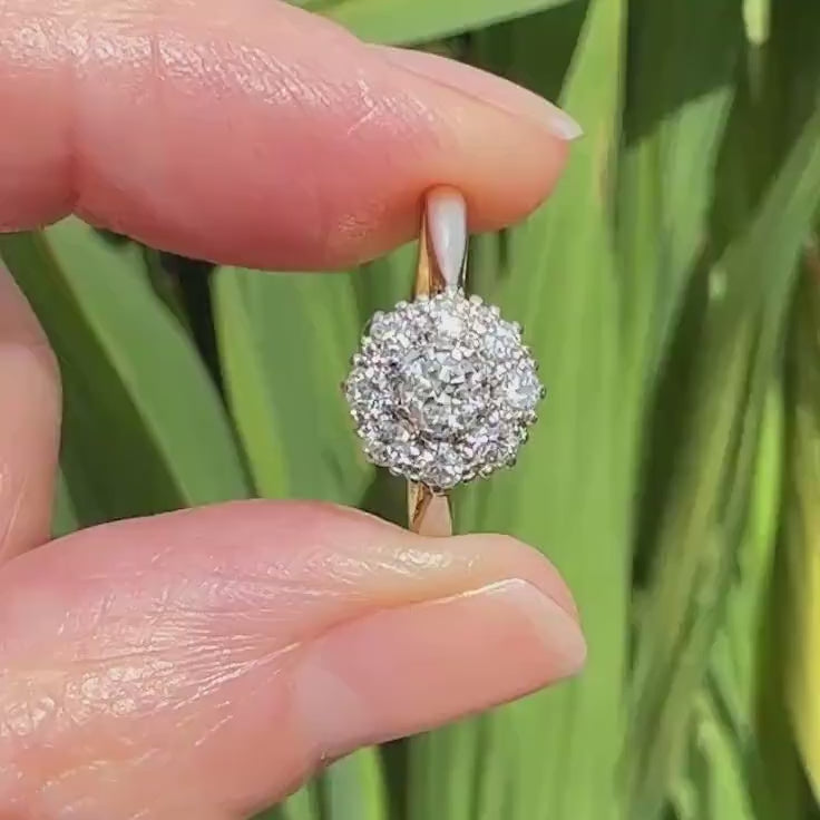 Antique 18ct Platinum old cut diamond halo cluster ring 0.75ct
