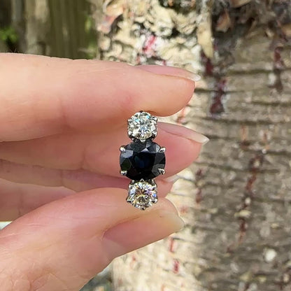 Vintage 18ct gold Natural Diamond & Sapphire three stone trilogy ring + Independent Valuation.