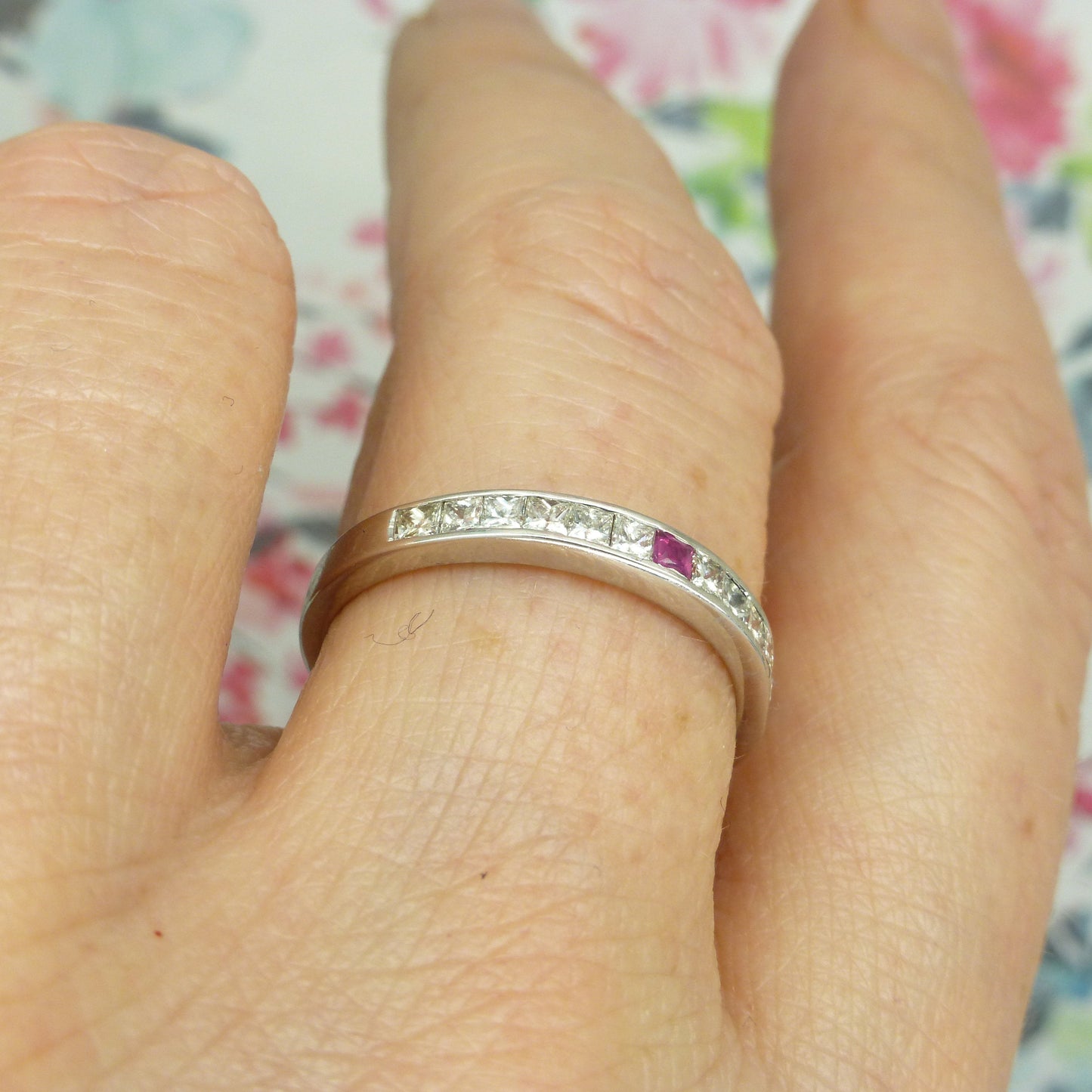 Vintage 18ct white gold Ruby & Square cut Diamond eternity wedding ring