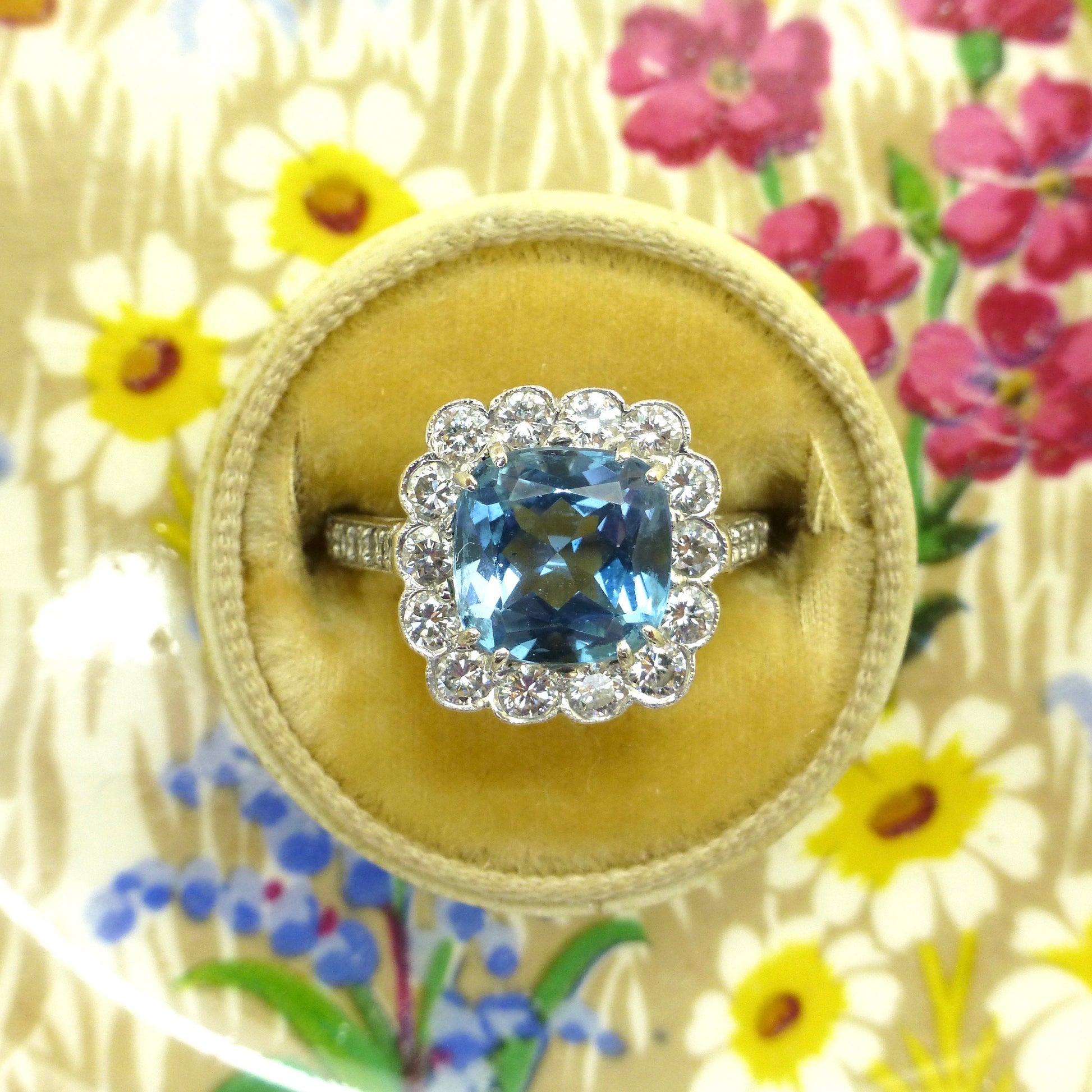Vintage 18ct white gold cushion cut Aquamarine & Diamond halo cluster ring