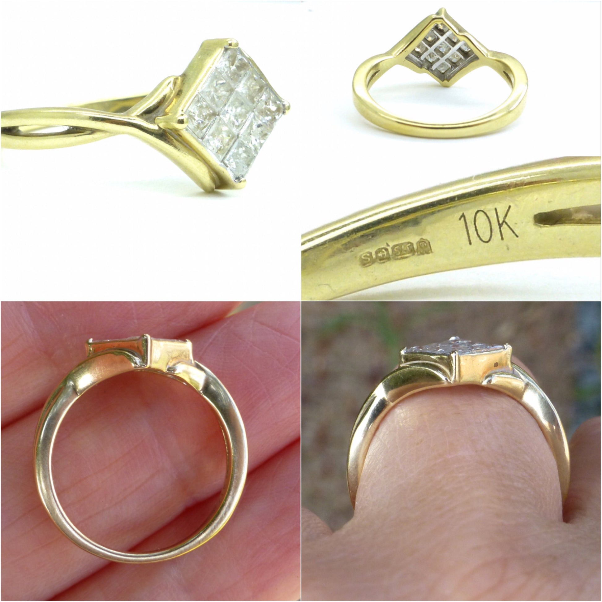Vintage 9ct gold princess cut diamond cluster dress ring 0.54ct