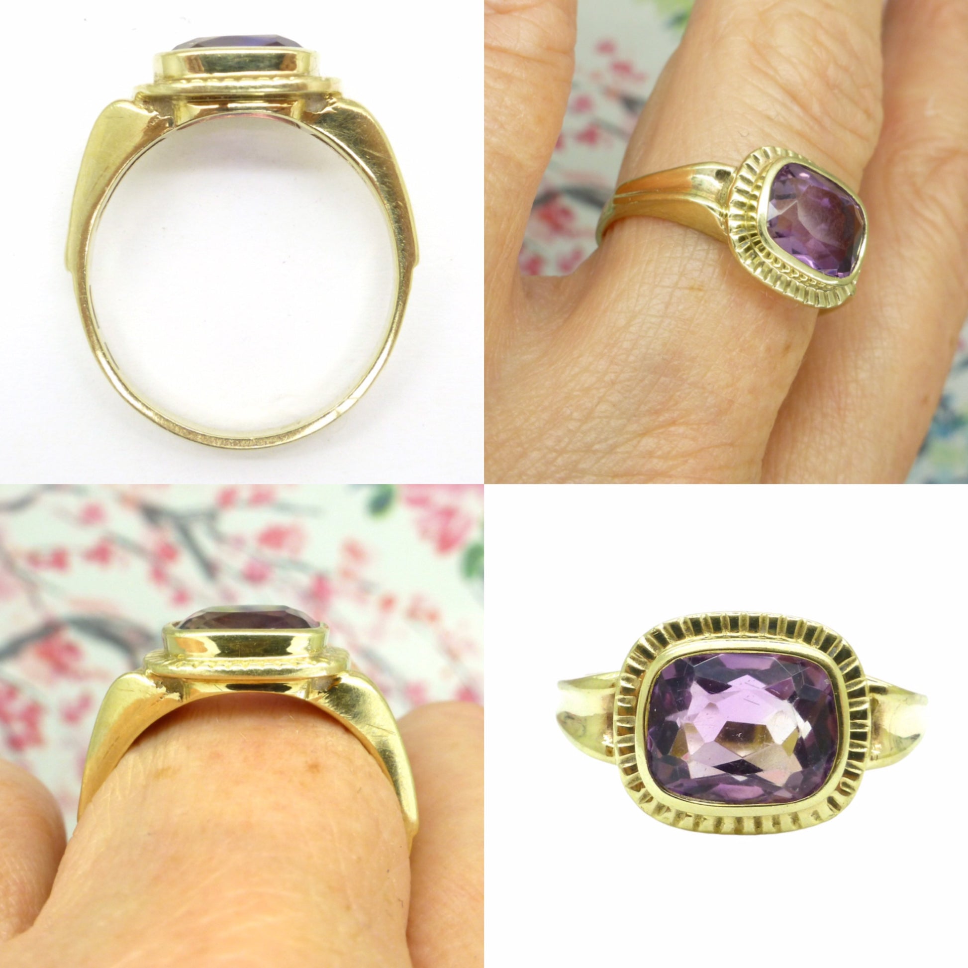Vintage 9ct gold cushion cut Amethyst solitaire ring