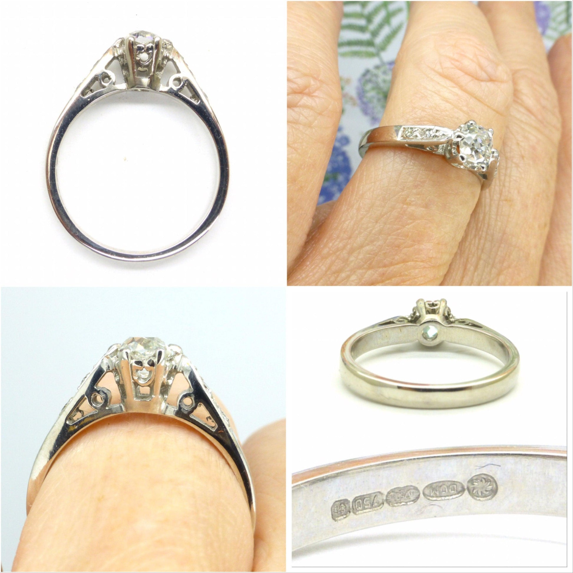 Vintage 18ct white gold old mine cut diamond solitaire ring