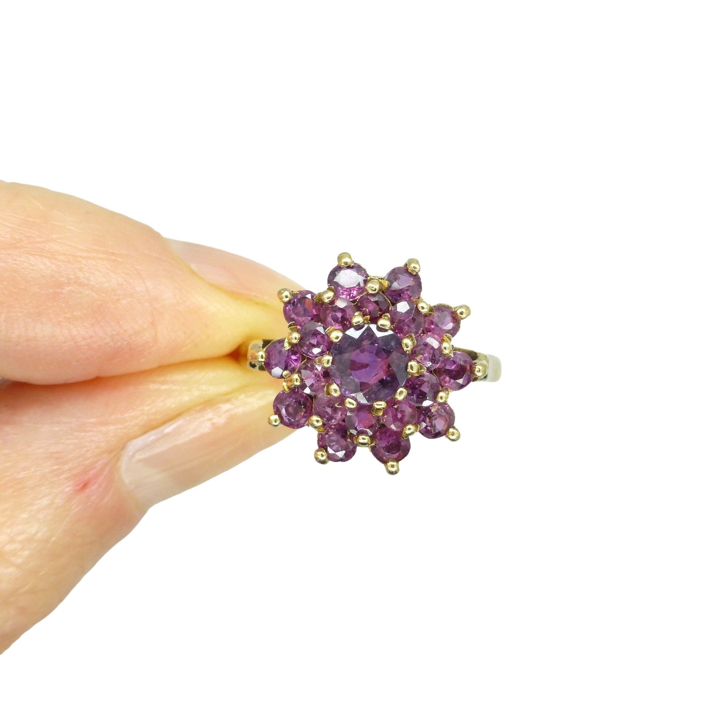 Gorgeous vintage 9ct gold ruby halo cluster ring c1980's