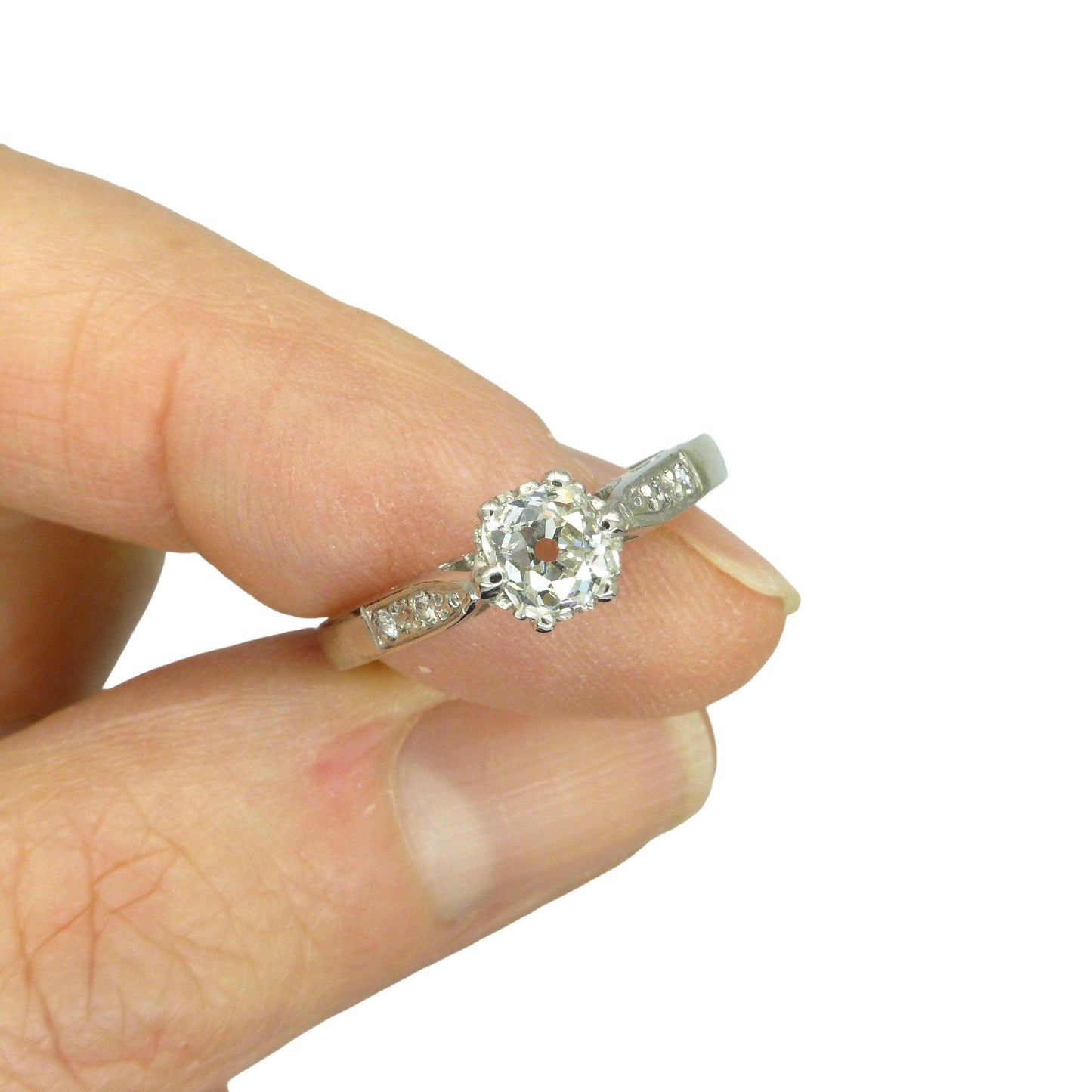 Vintage 18ct white gold old mine cut diamond solitaire ring