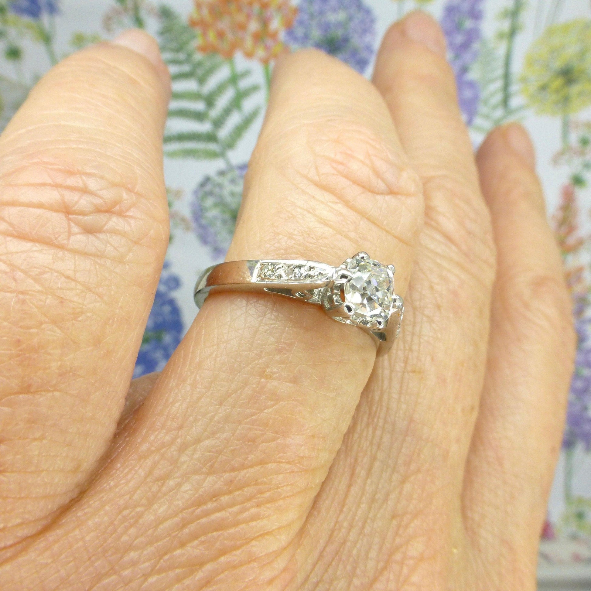 Vintage 18ct white gold old mine cut diamond solitaire ring