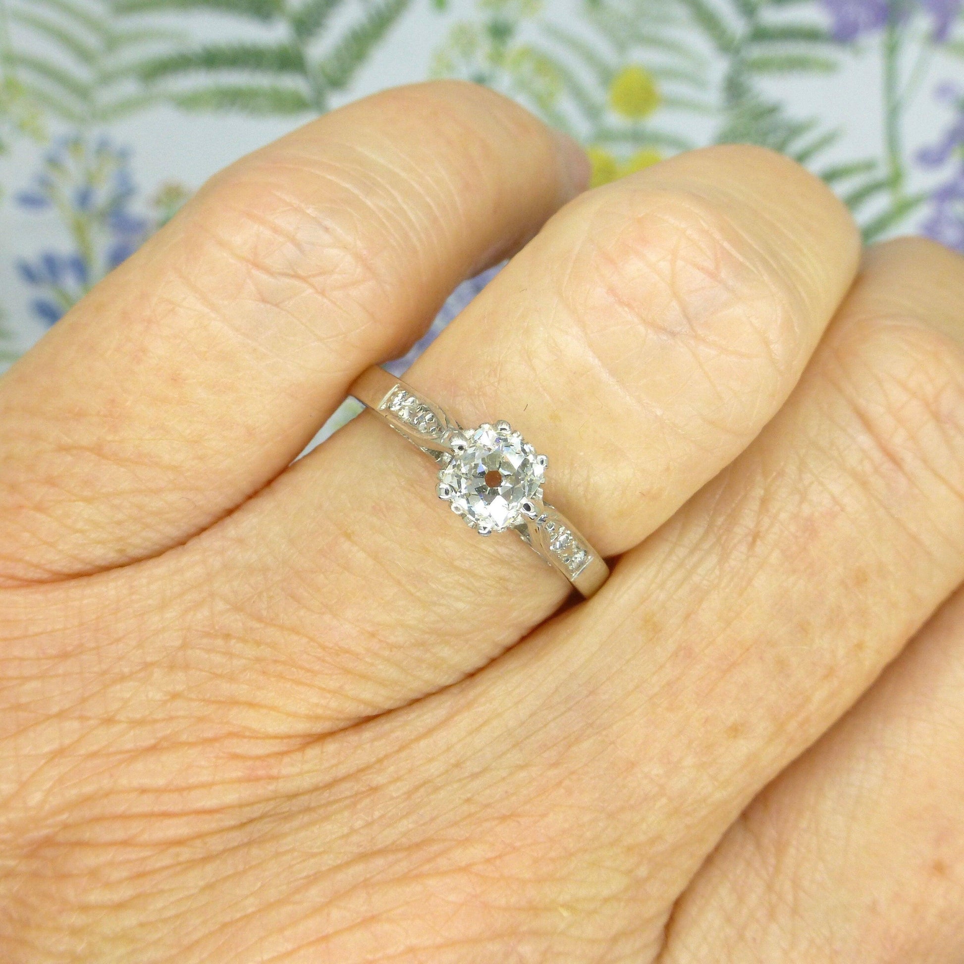Vintage 18ct white gold old mine cut diamond solitaire ring