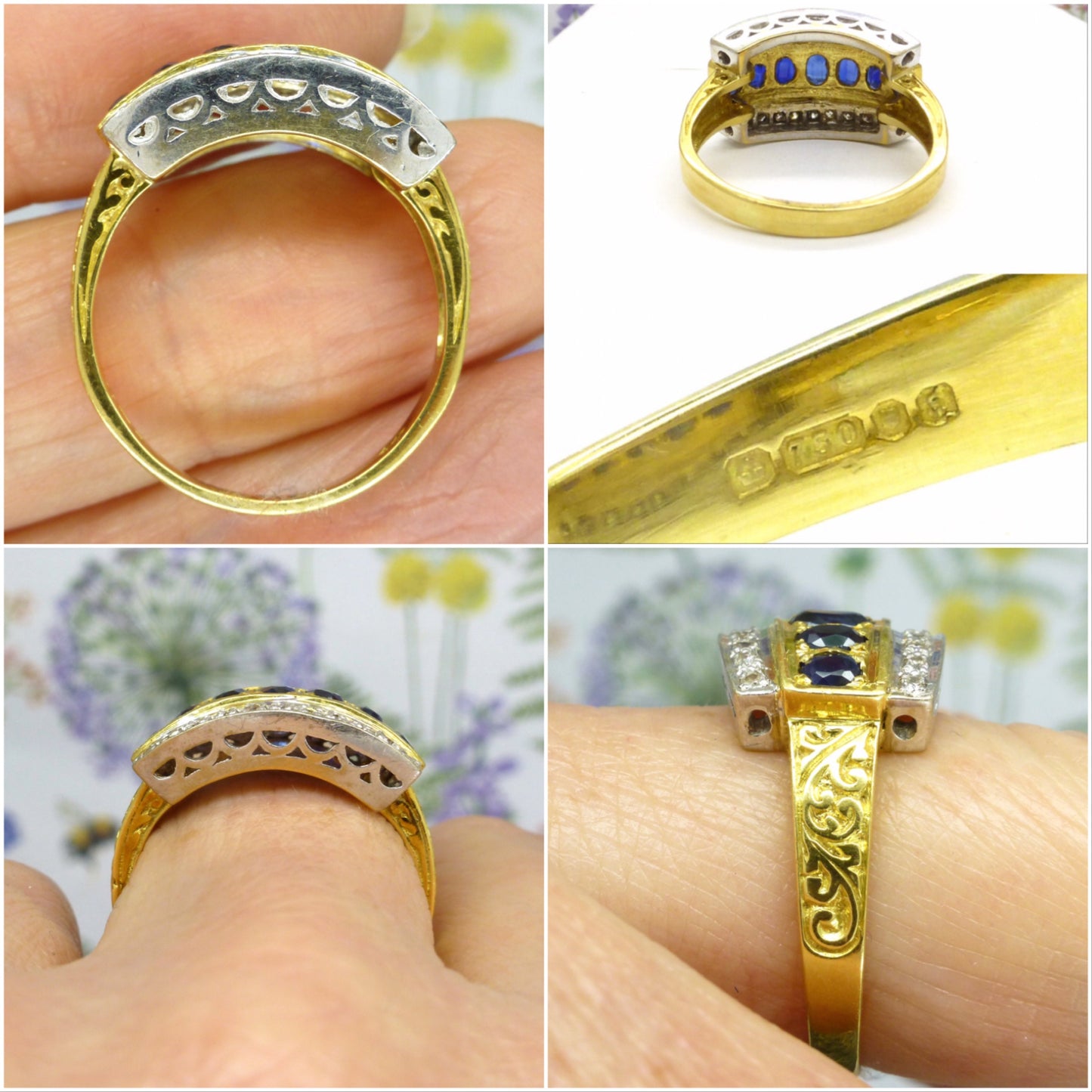 Vintage 18ct gold oval sapphire and diamond  triple band ring 1970's