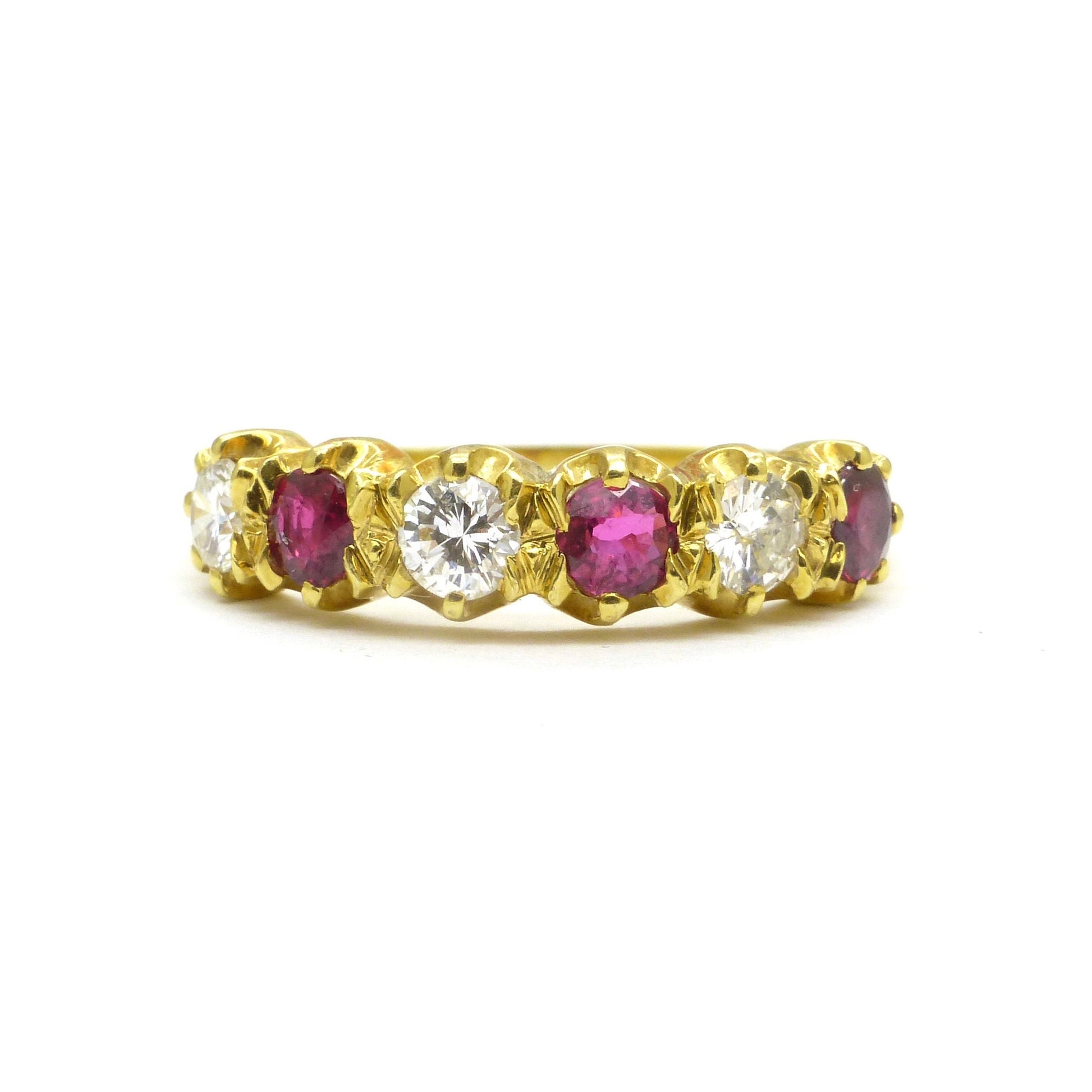 Vintage 18ct yellow gold ruby & diamond six stone half eternity ring 1970's