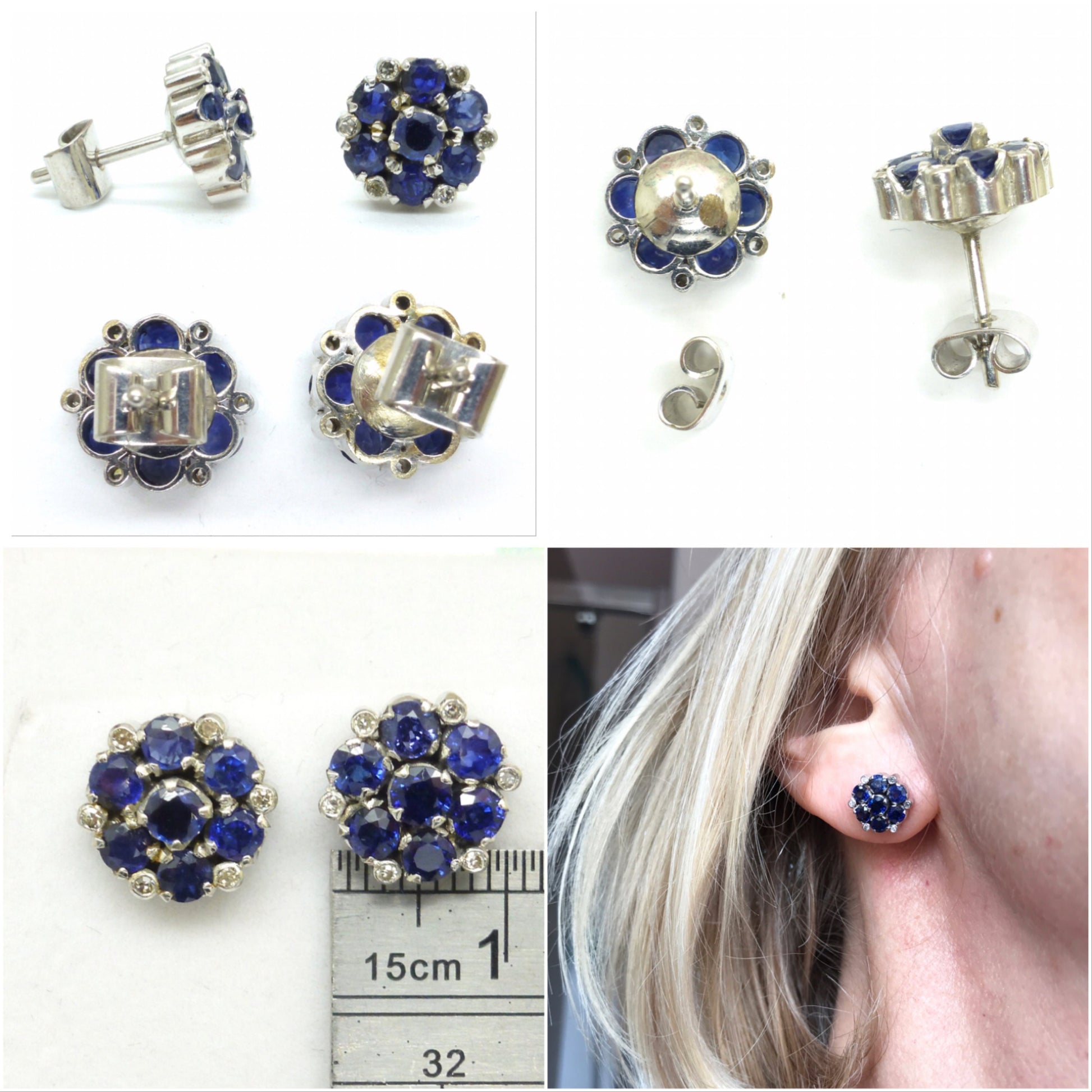 Vintage 18ct white gold Sapphire Diamond halo cluster stud earrings ~ With appraisal