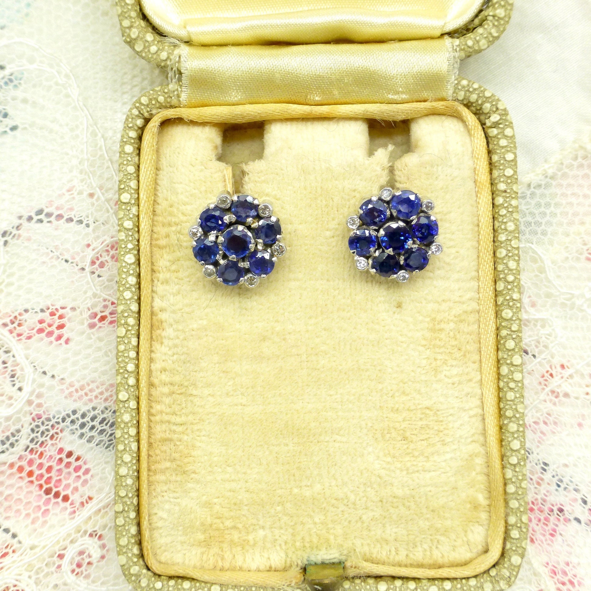 Vintage 18ct white gold Sapphire Diamond halo cluster stud earrings ~ With appraisal