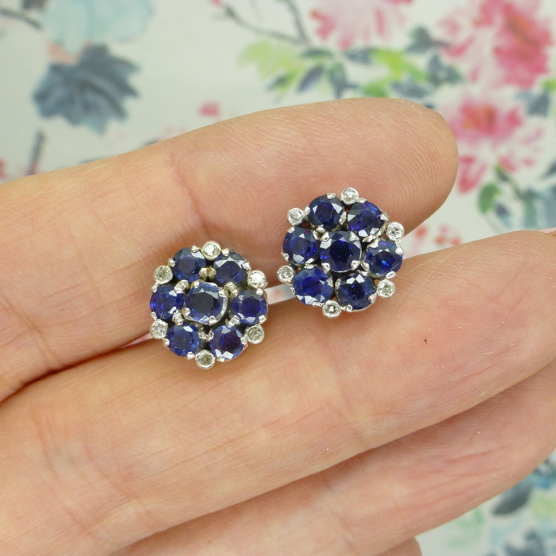 Vintage 18ct white gold Sapphire Diamond halo cluster stud earrings ~ With appraisal