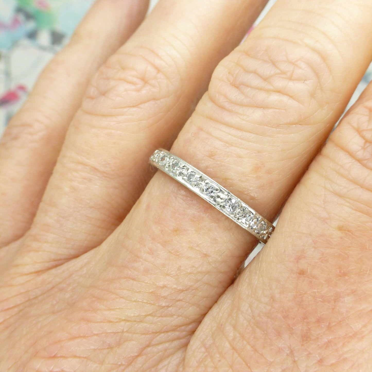 Art Deco 18ct white gold Diamond full eternity wedding band 0.75ct 1920's~Size P / 7.5