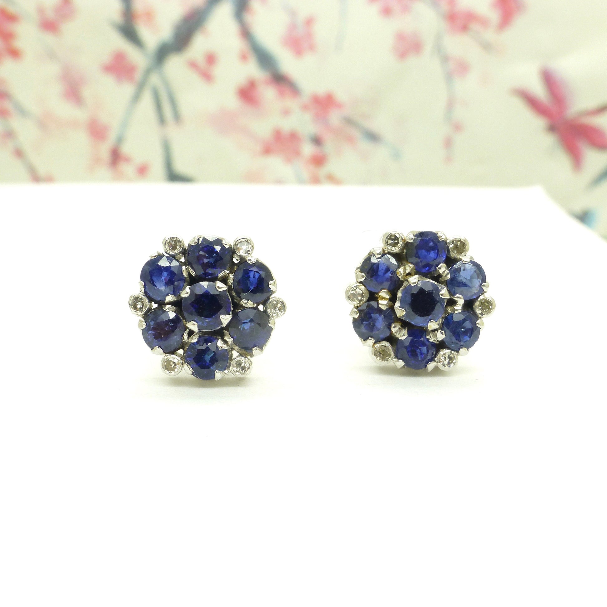 Vintage 18ct white gold Sapphire Diamond halo cluster stud earrings ~ With appraisal