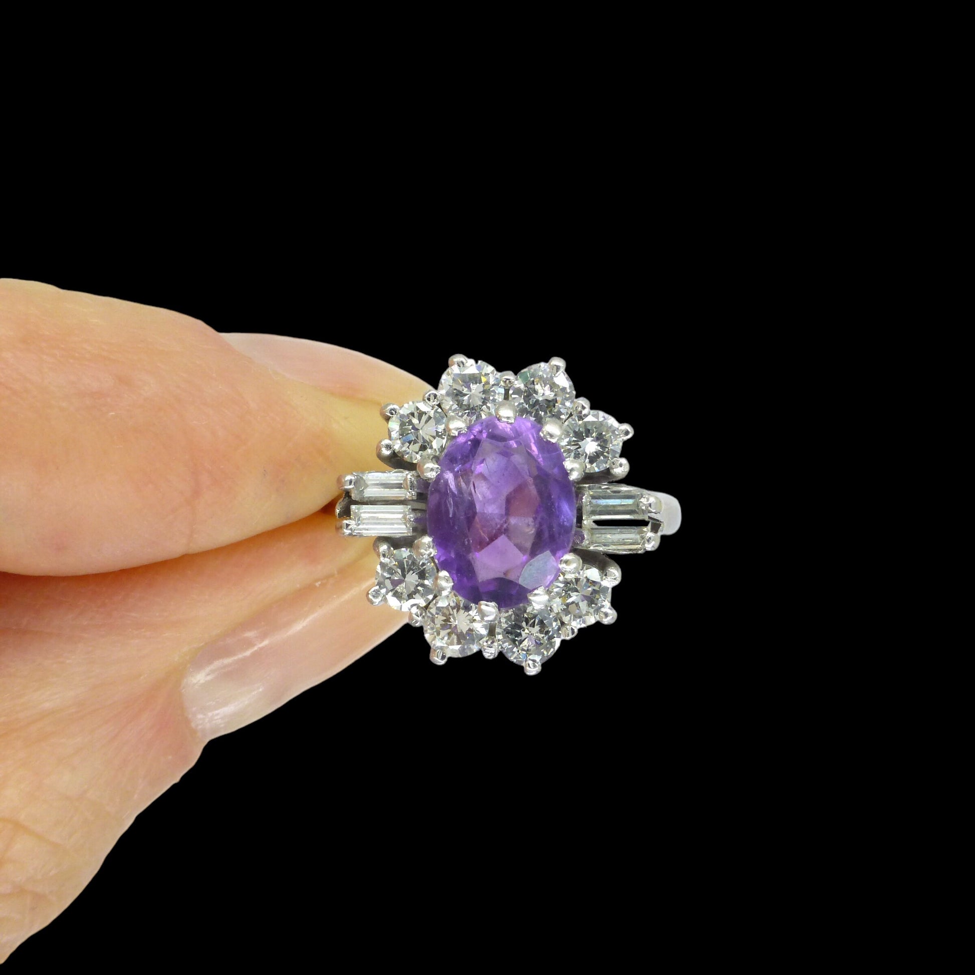 Vintage 18ct white gold Amethyst & diamond halo cluster engagement ring