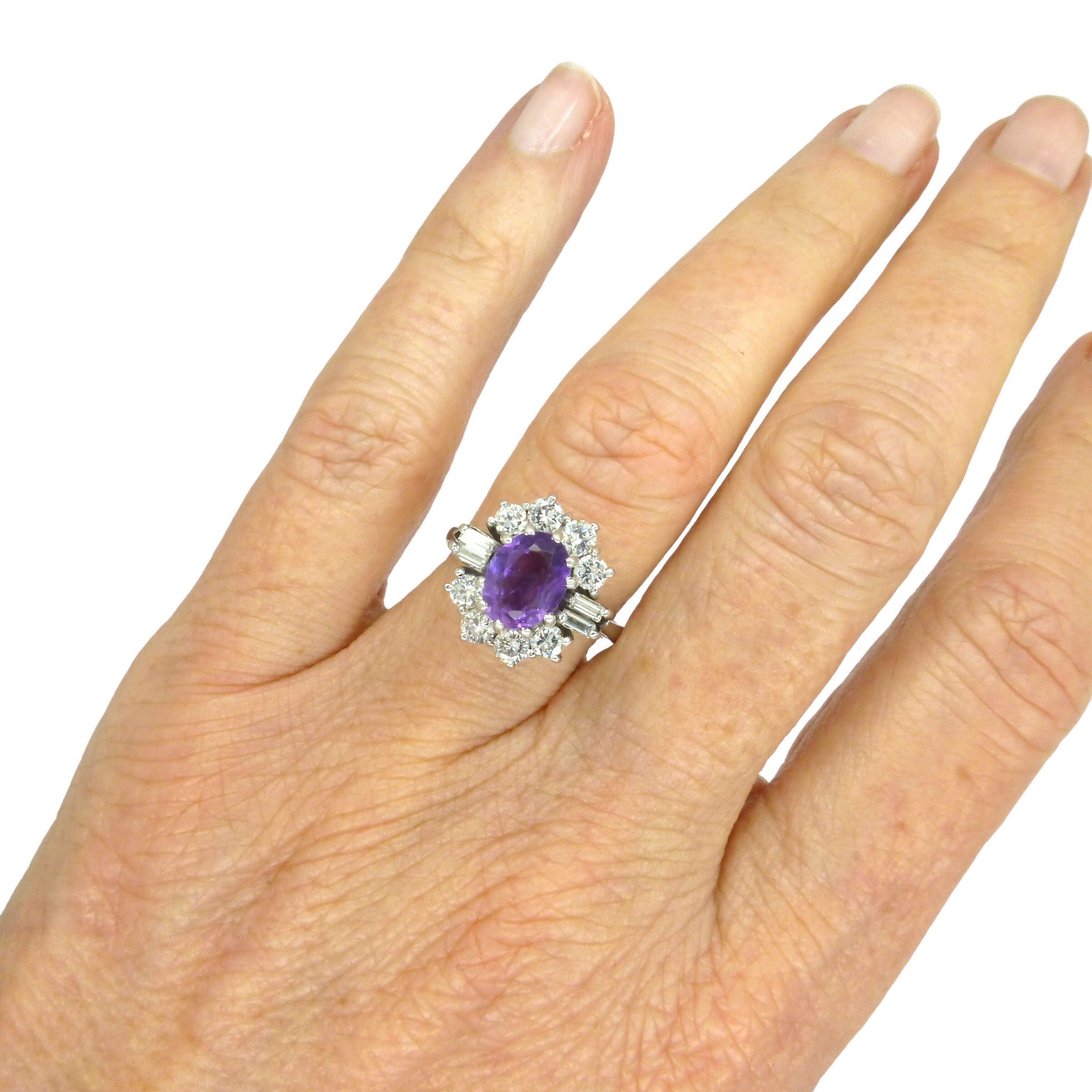 Vintage 18ct white gold Amethyst & diamond halo cluster engagement ring