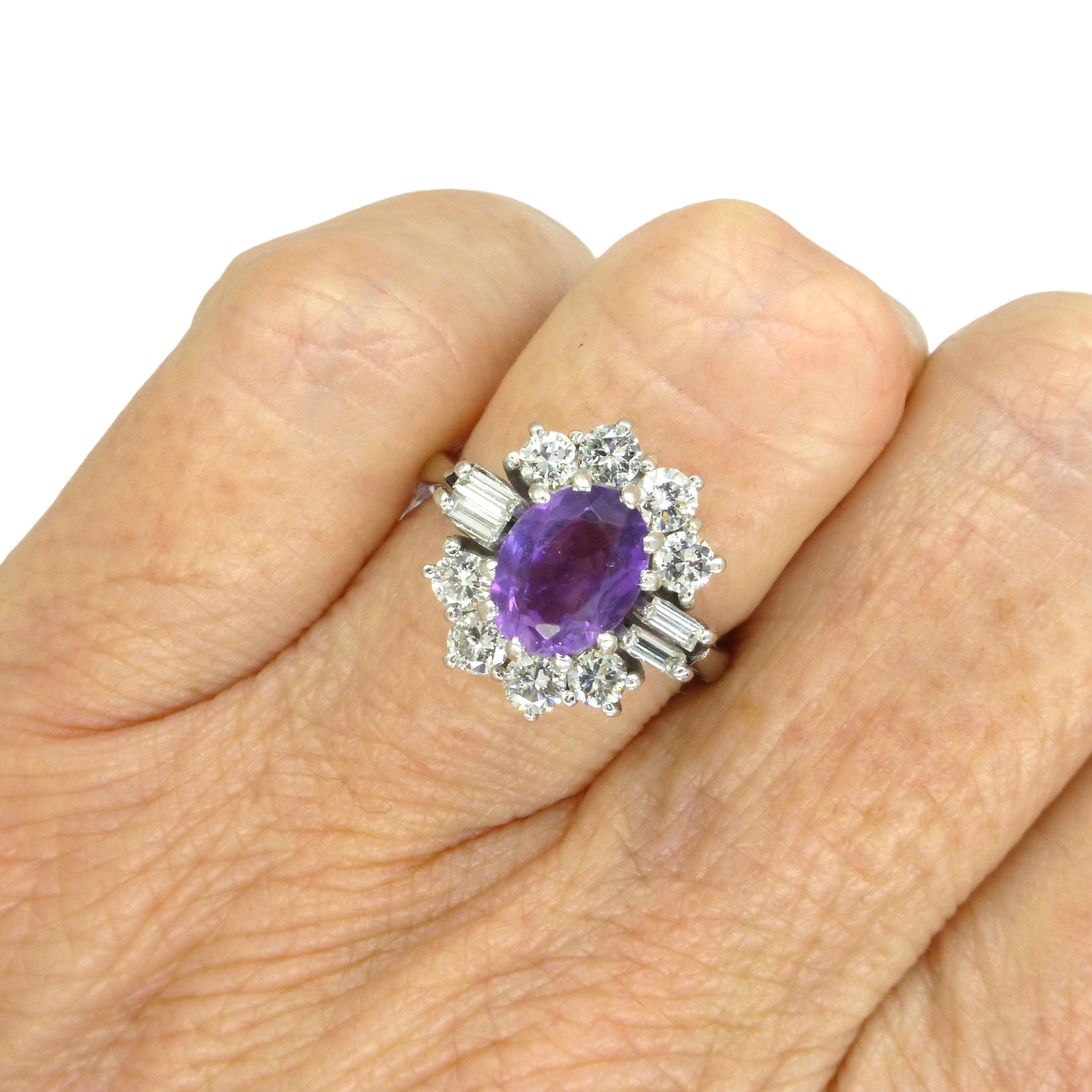 Vintage 18ct white gold Amethyst & diamond halo cluster engagement ring
