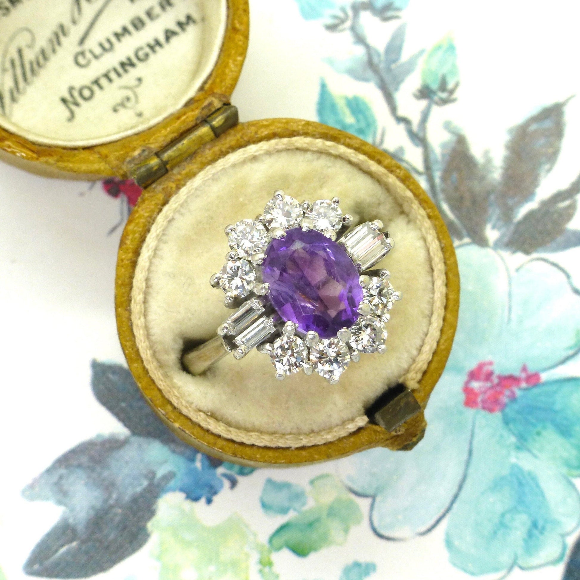 Vintage 18ct white gold Amethyst & diamond halo cluster engagement ring