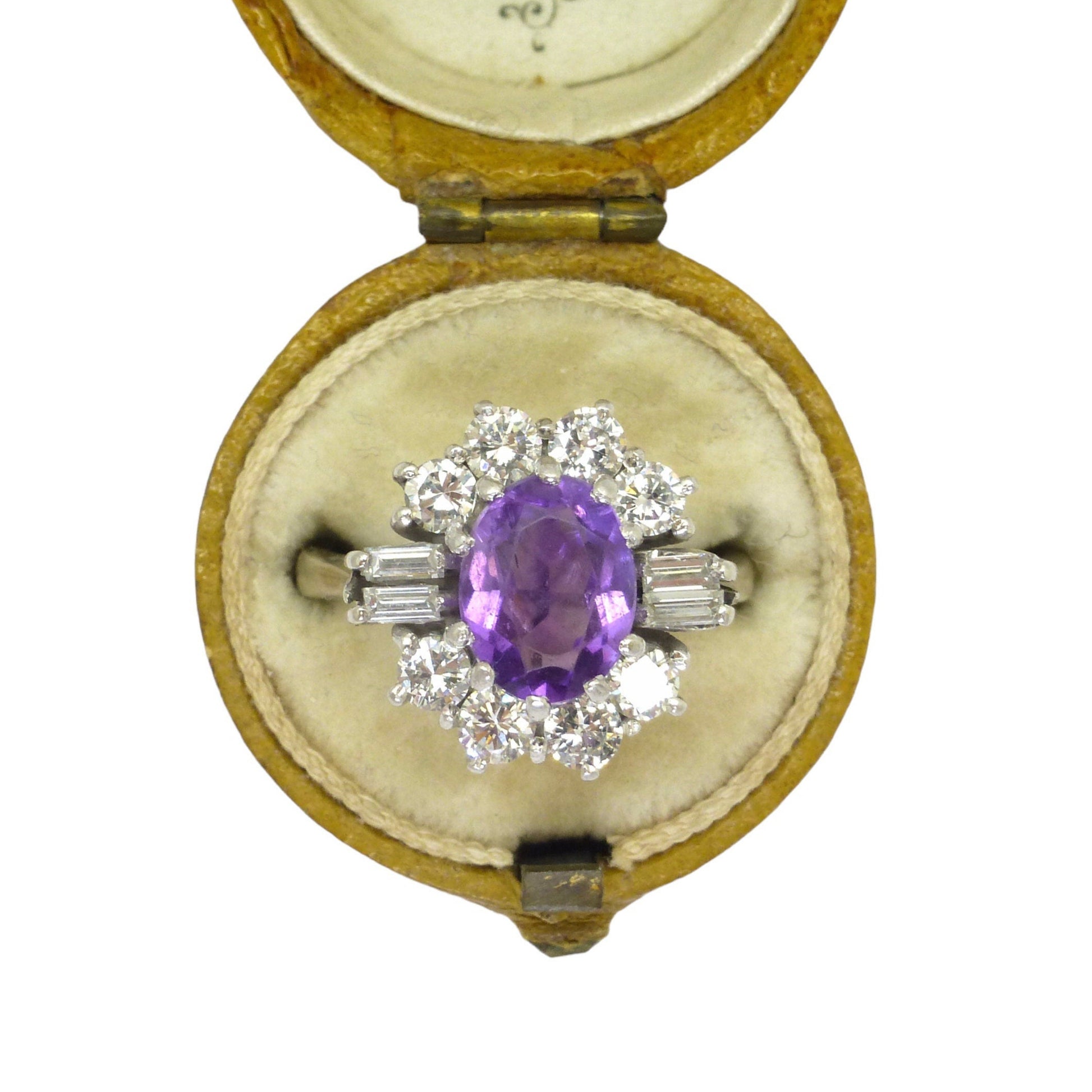 Vintage 18ct white gold Amethyst & diamond halo cluster engagement ring