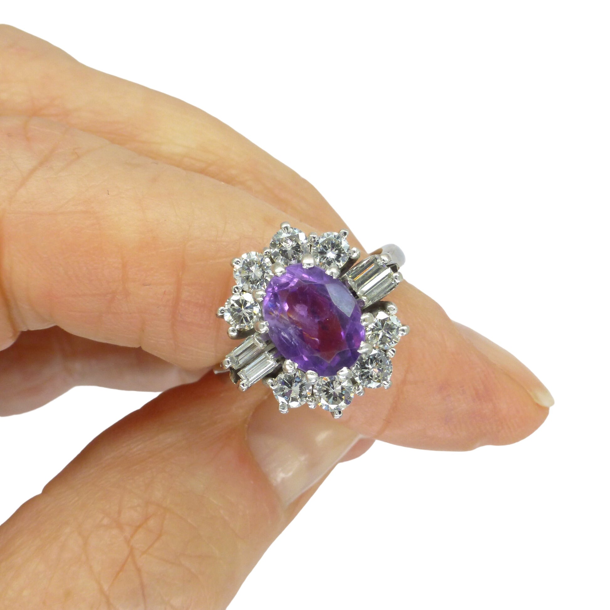 Vintage 18ct white gold Amethyst & diamond halo cluster engagement ring