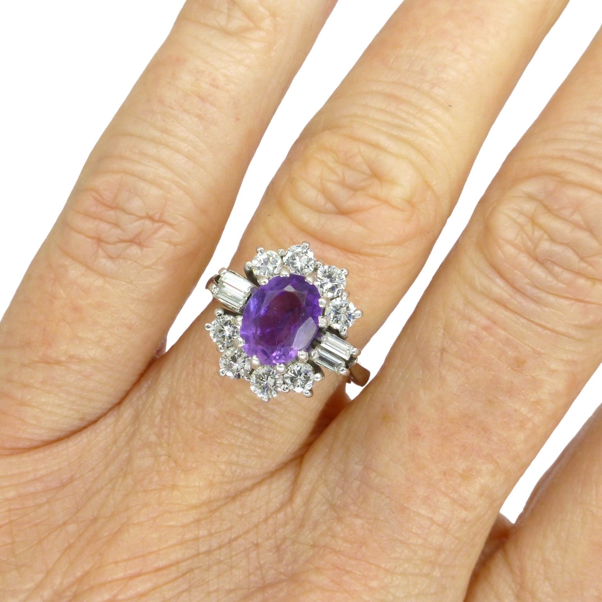 Vintage 18ct white gold Amethyst & diamond halo cluster engagement ring