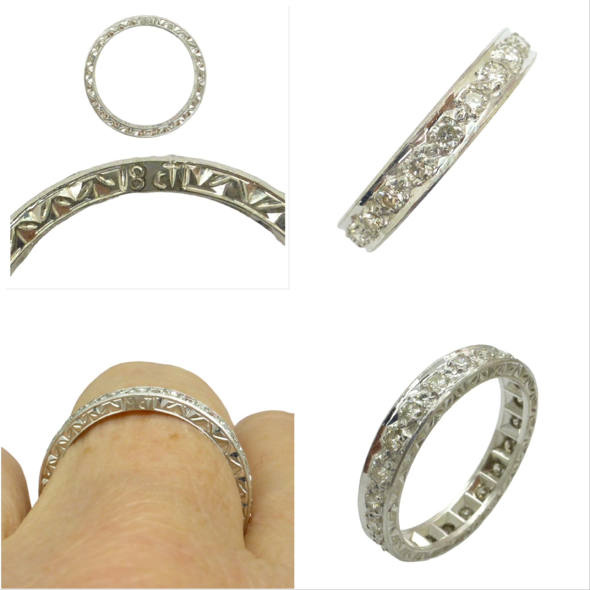 Vintage Art Deco 18ct white gold Diamond wedding band 0.66ct ~ Full eternity ring size O / 7