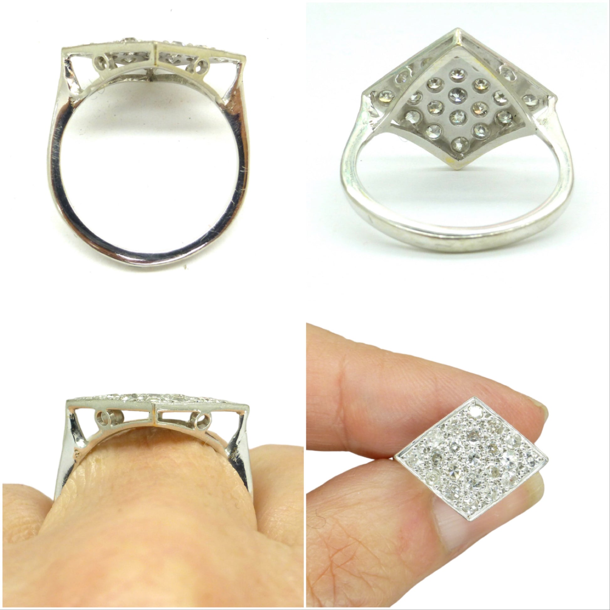 Antique Art Deco 18ct Platinum pavé diamond cluster panel ring