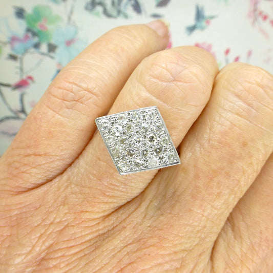 Antique Art Deco 18ct Platinum pavé diamond cluster panel ring