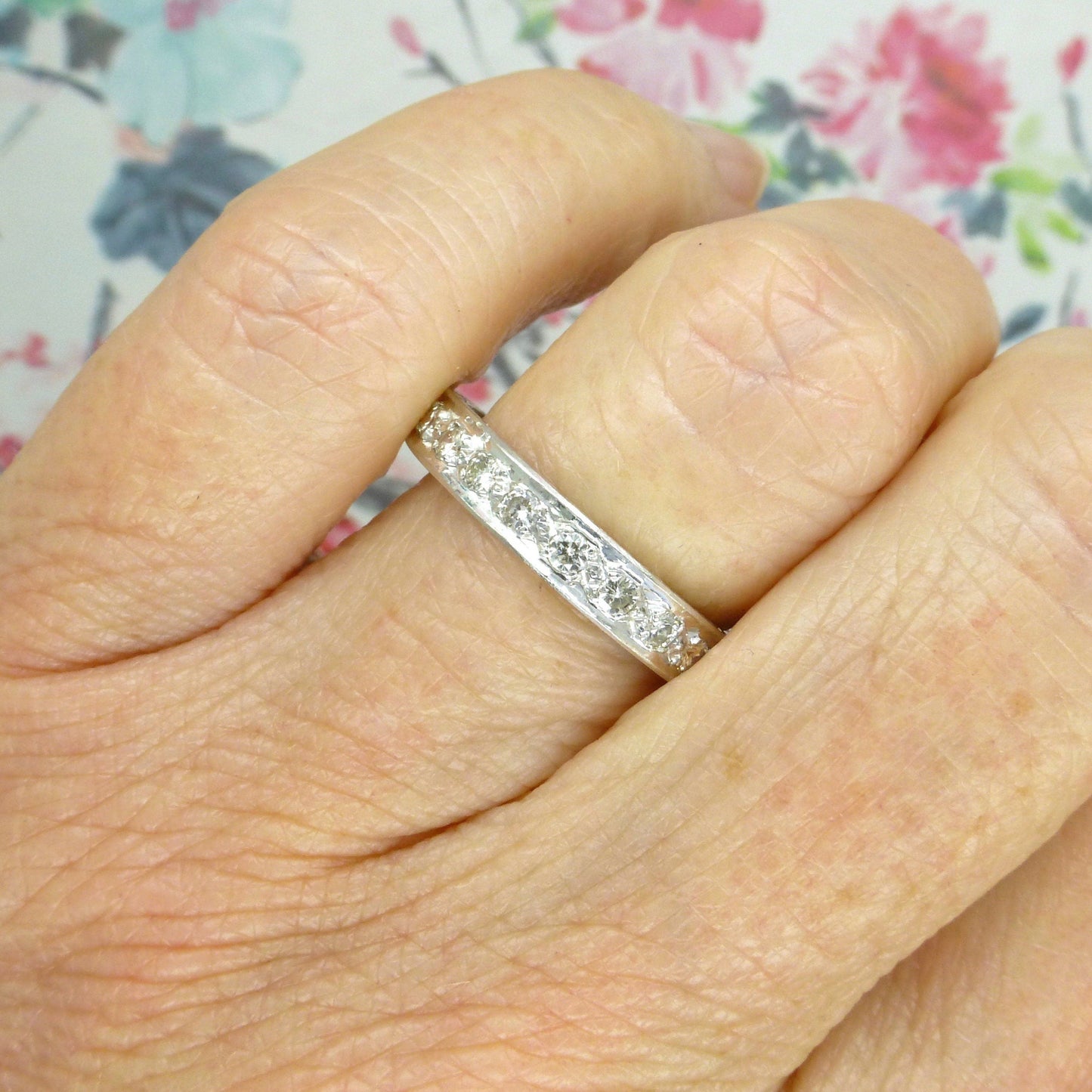 Vintage Art Deco 18ct white gold Diamond wedding band 0.66ct ~ Full eternity ring size O / 7