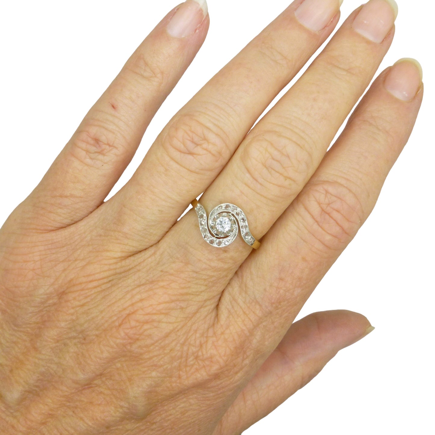 Antique French 18ct diamond tourbillon solitaire ring ~ Edwardian - Belle Èpoque c1900-1910