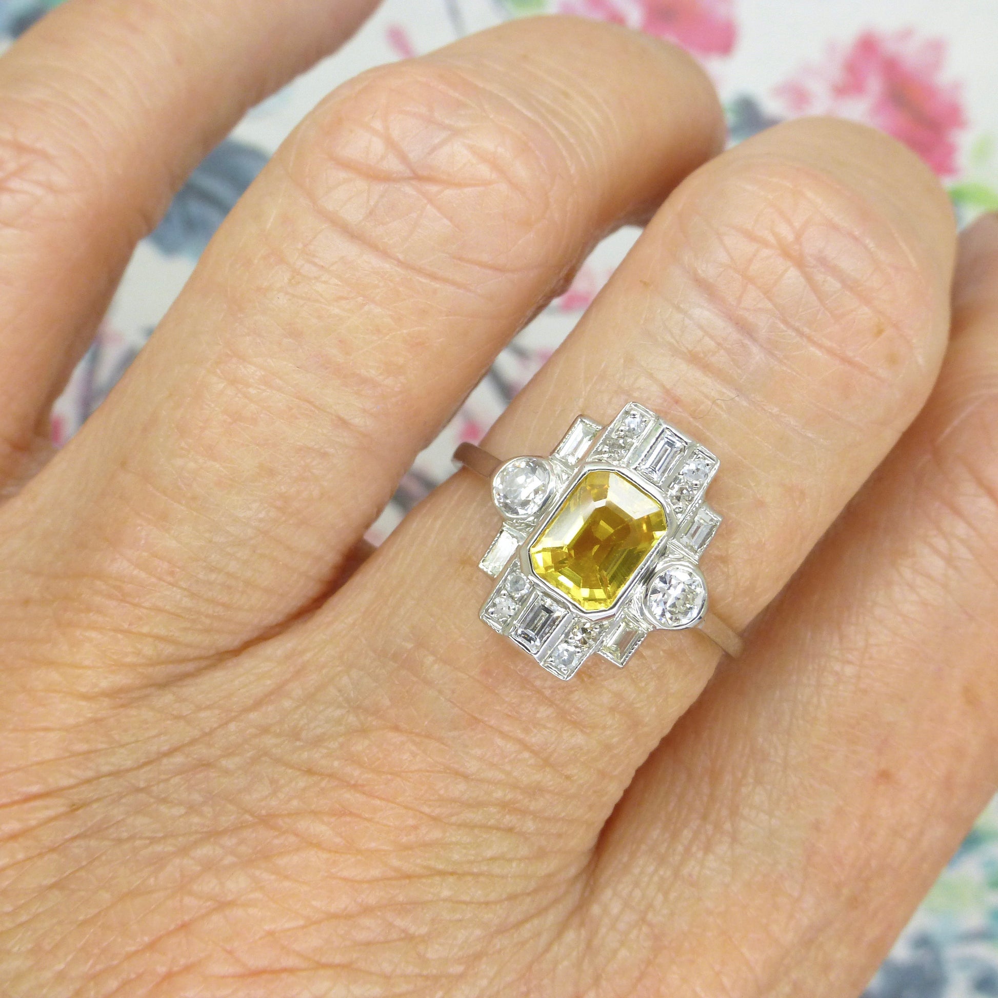 Vintage Art Deco style Platinum yellow sapphire diamond cluster panel ring