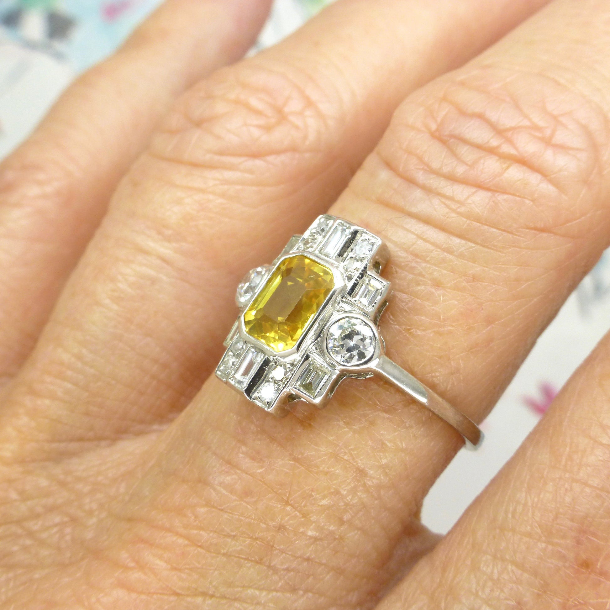 Vintage Art Deco style Platinum yellow sapphire diamond cluster panel ring