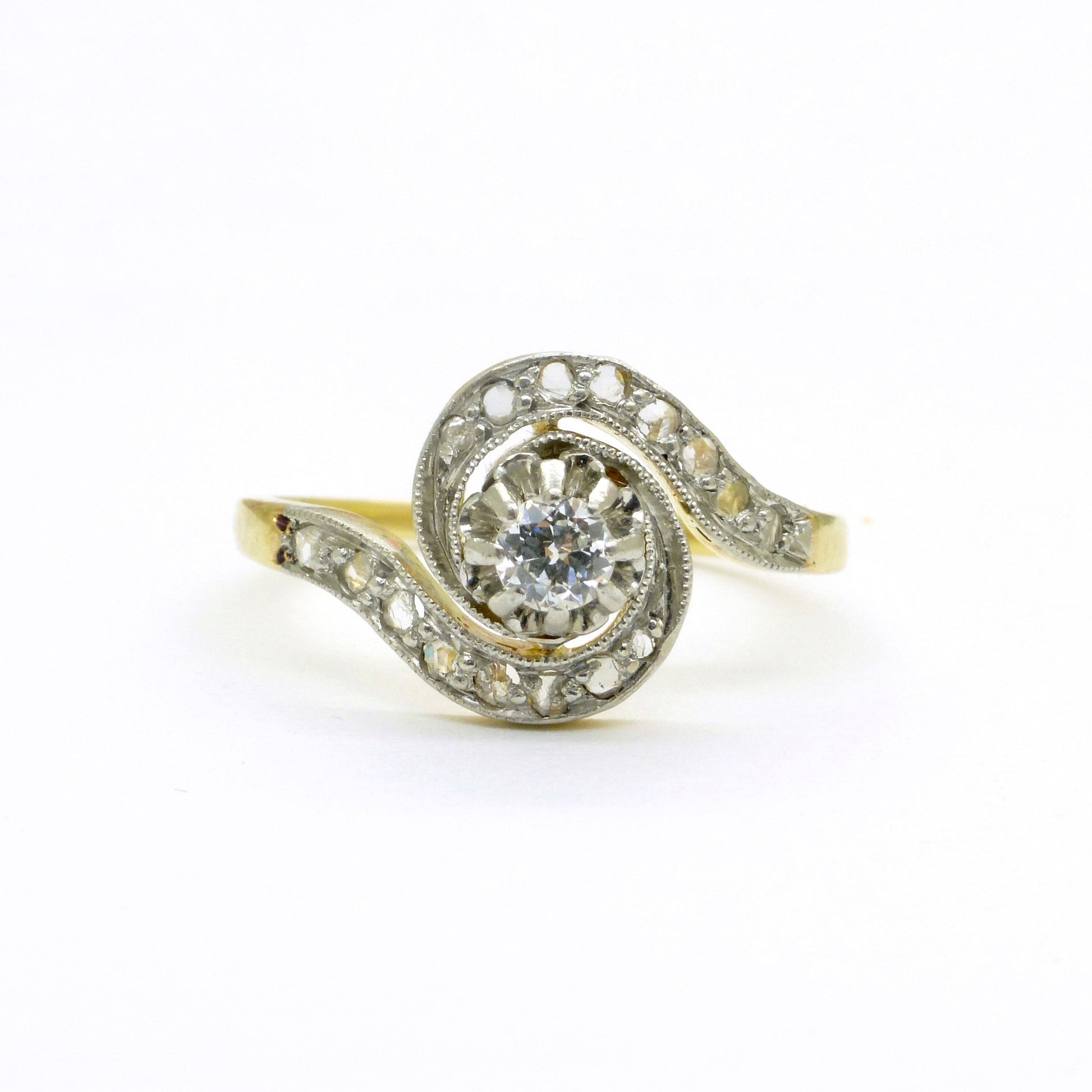 Antique French 18ct diamond tourbillon solitaire ring ~ Edwardian - Belle Èpoque c1900-1910