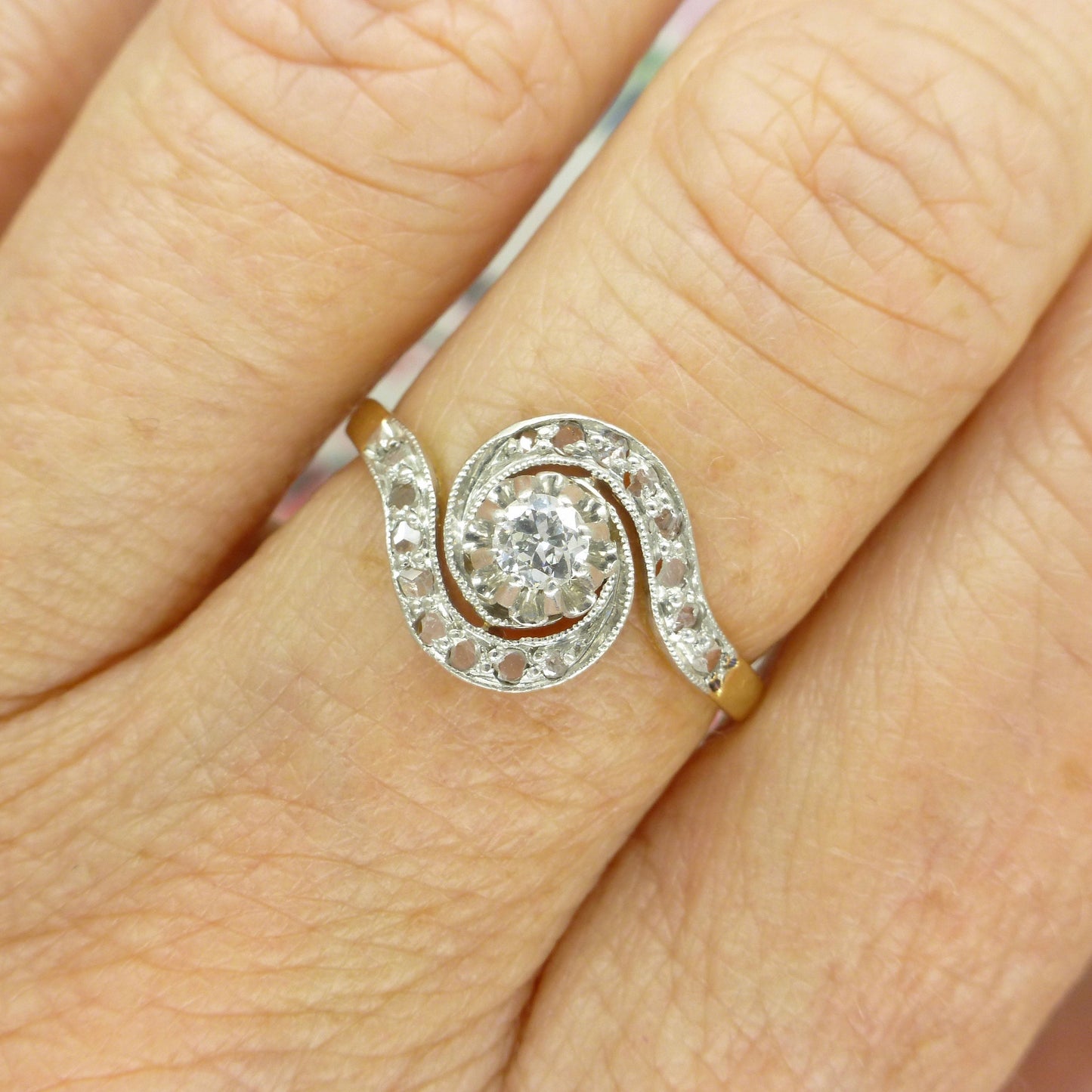 Antique French 18ct diamond tourbillon solitaire ring ~ Edwardian - Belle Èpoque c1900-1910