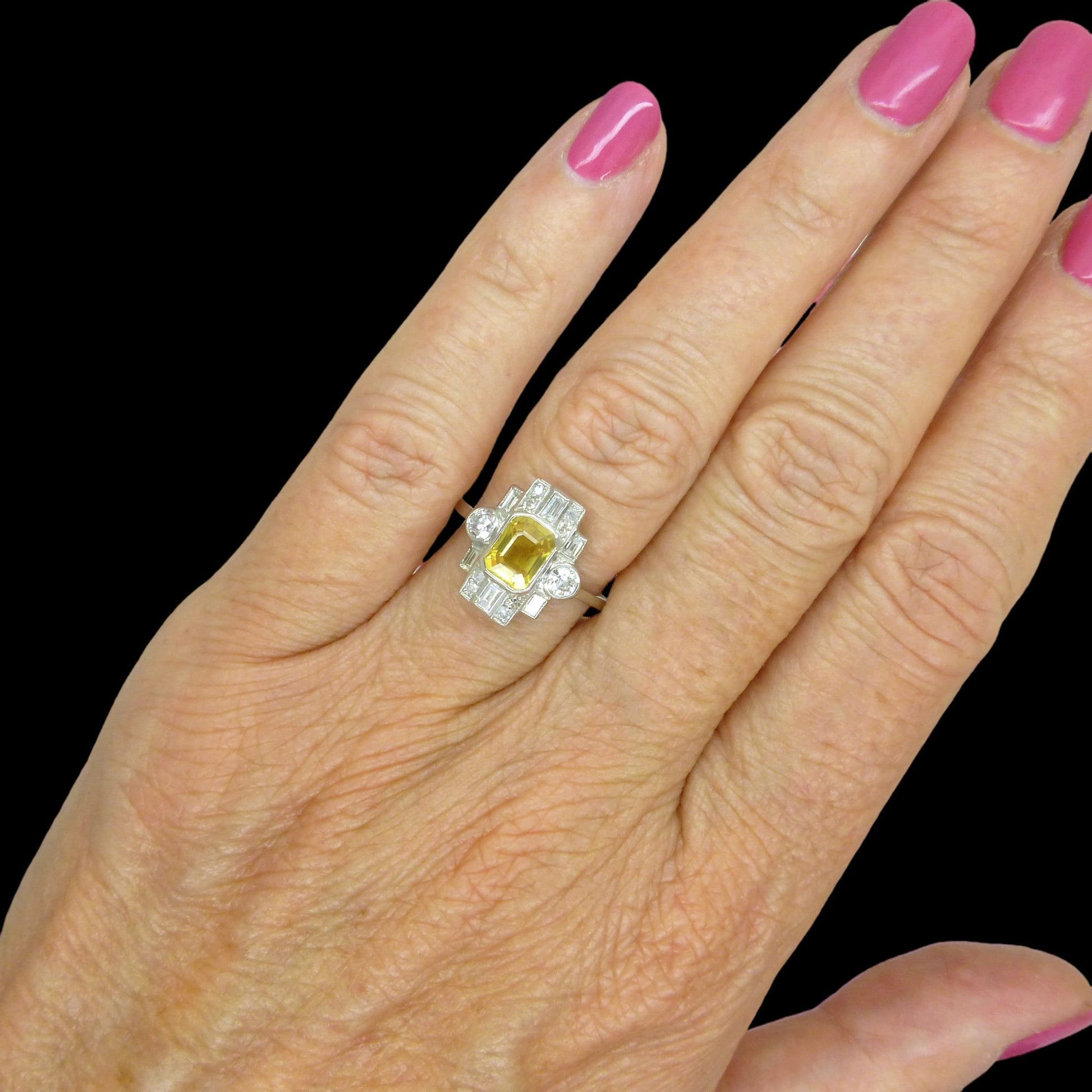Vintage Art Deco style Platinum yellow sapphire diamond cluster panel ring