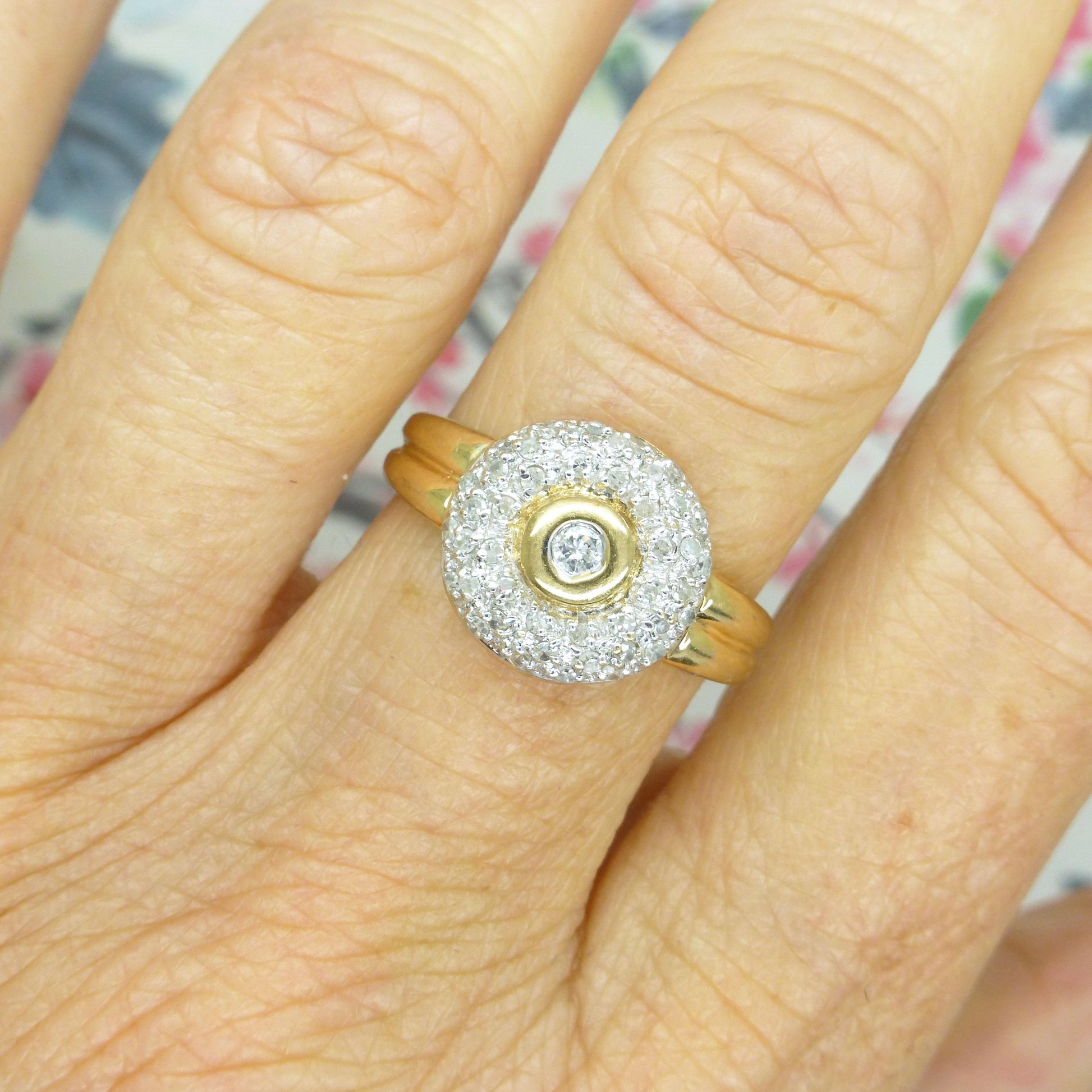 Vintage 9ct gold pavé set Diamond halo cluster ring