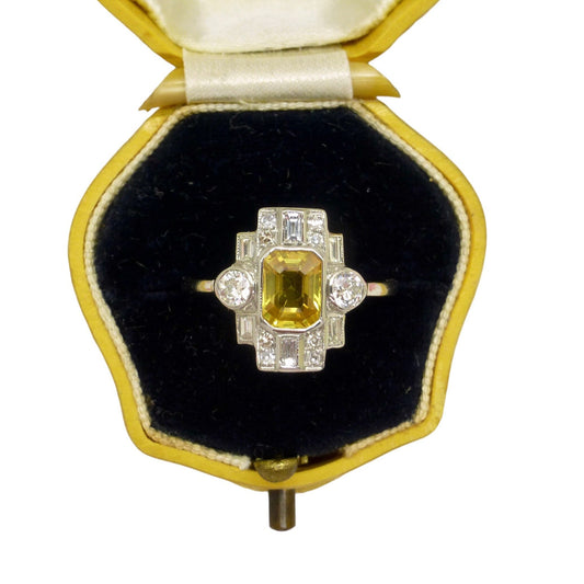 Vintage Art Deco style Platinum yellow sapphire diamond cluster panel ring