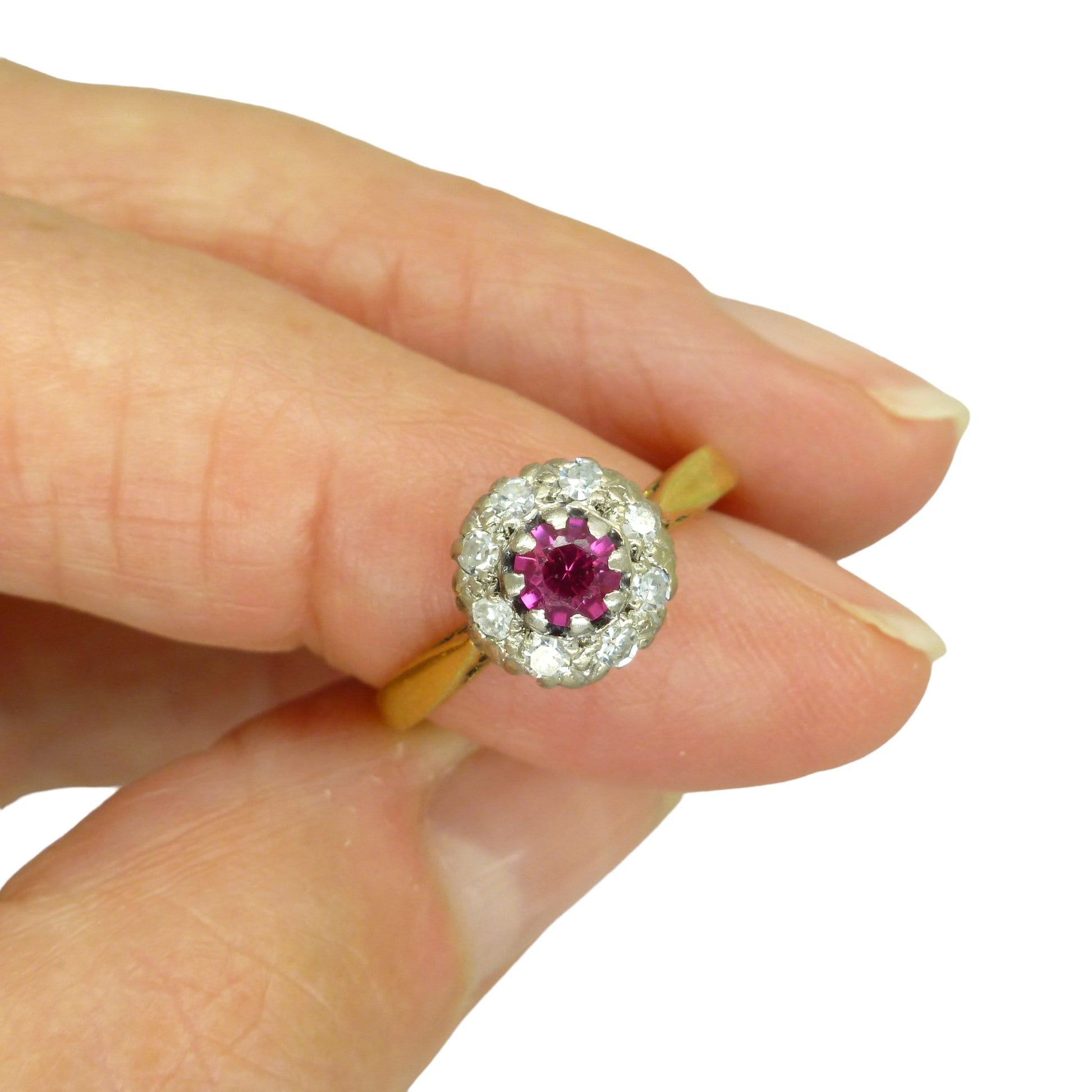 Antique 18ct ruby & diamond daisy cluster ring c1920's