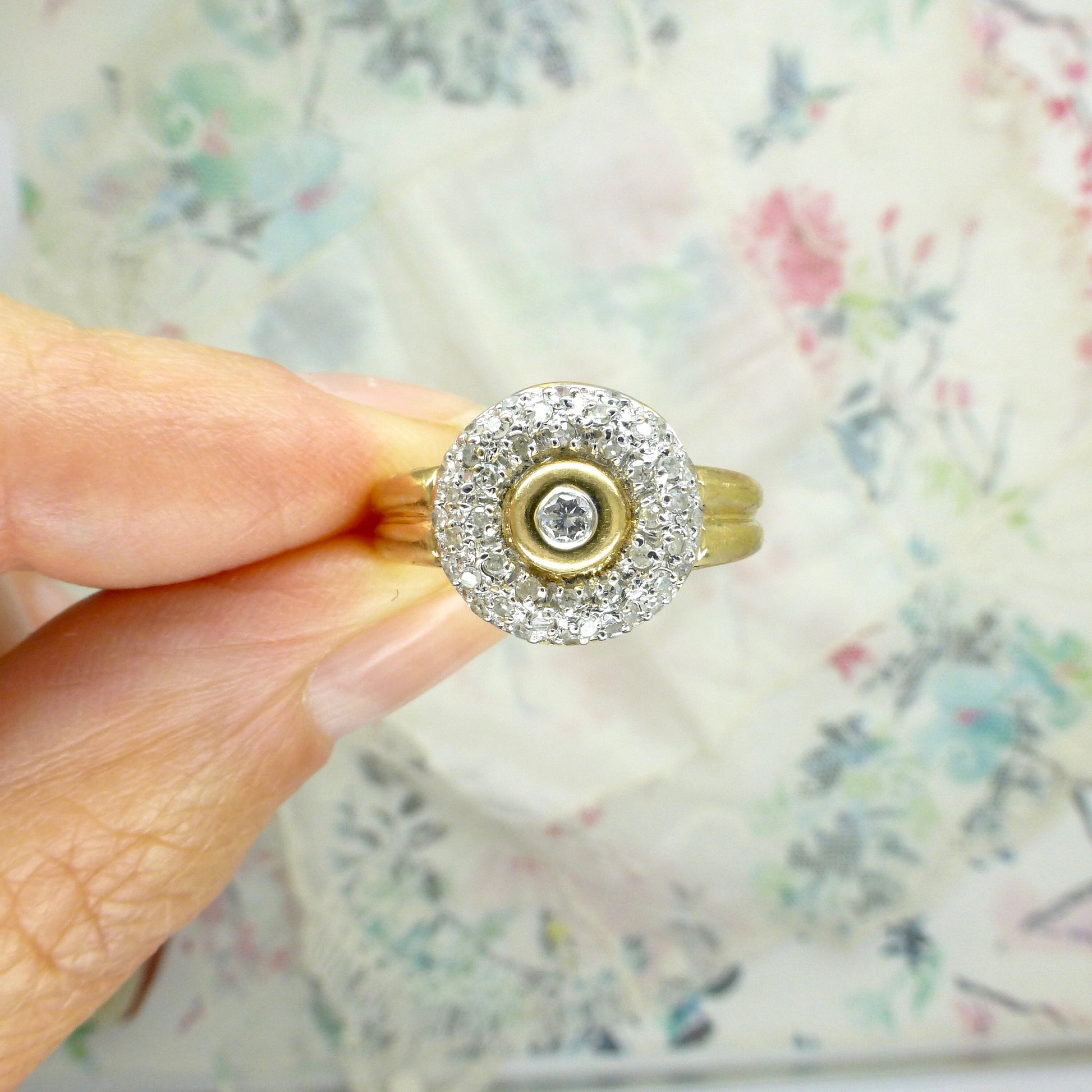 Vintage 9ct gold pavé set Diamond halo cluster ring