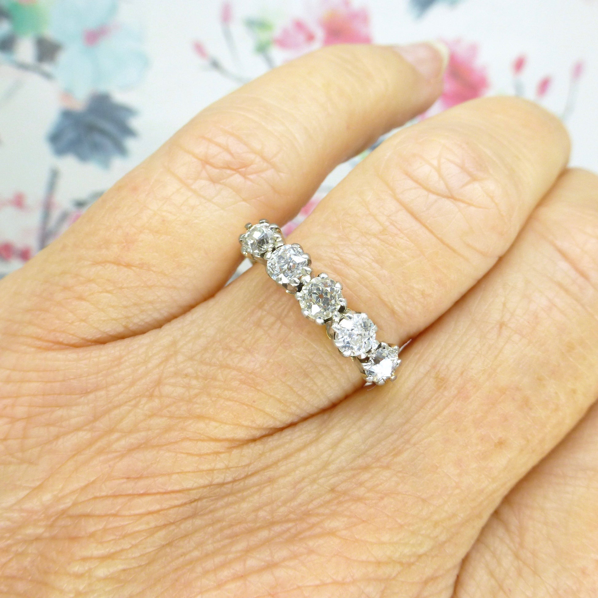 Antique Edwardian 18ct Platinum old mine cut diamond five stone ring 0.85ct c1900s -1920's