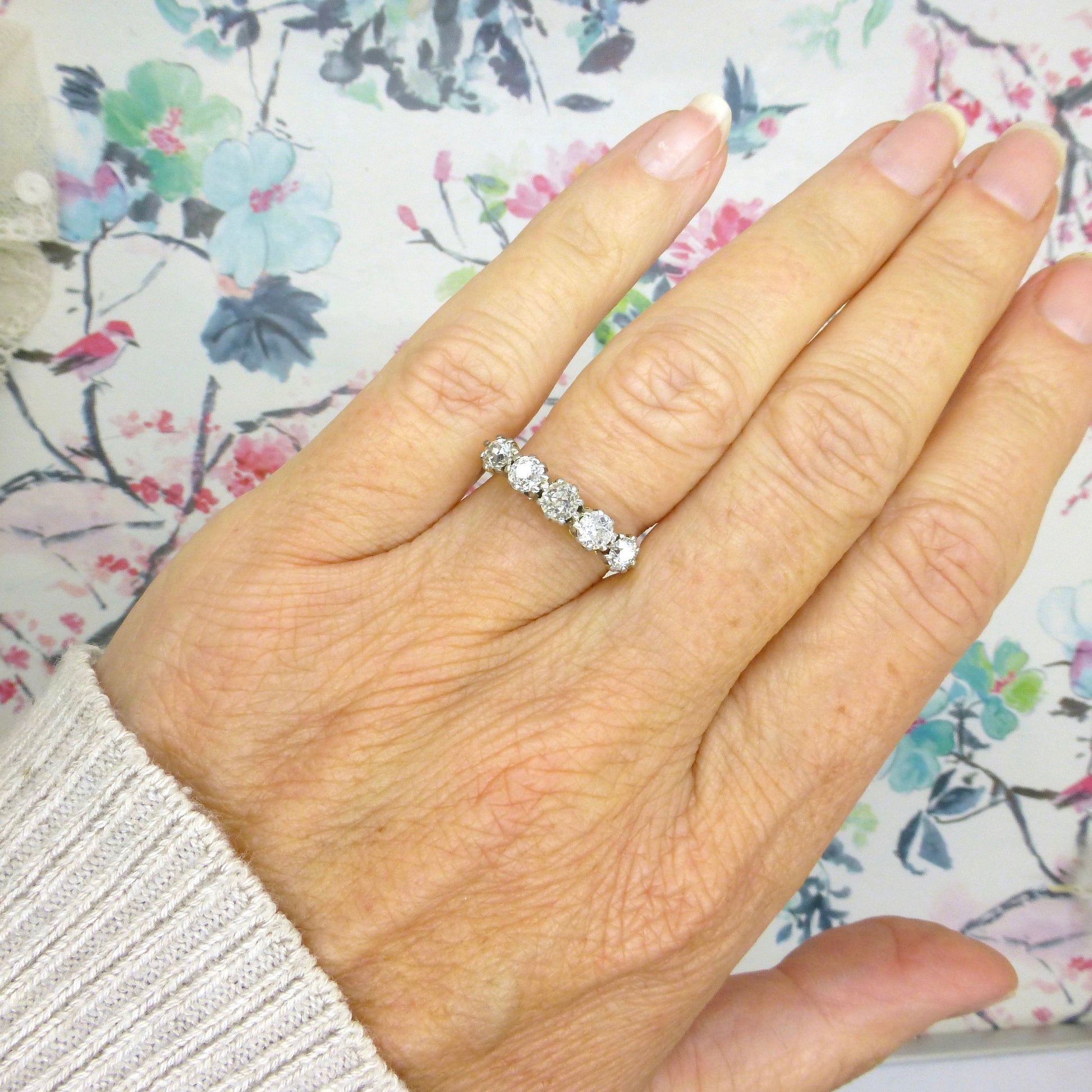 Antique Edwardian 18ct Platinum old mine cut diamond five stone ring 0.85ct c1900s -1920's
