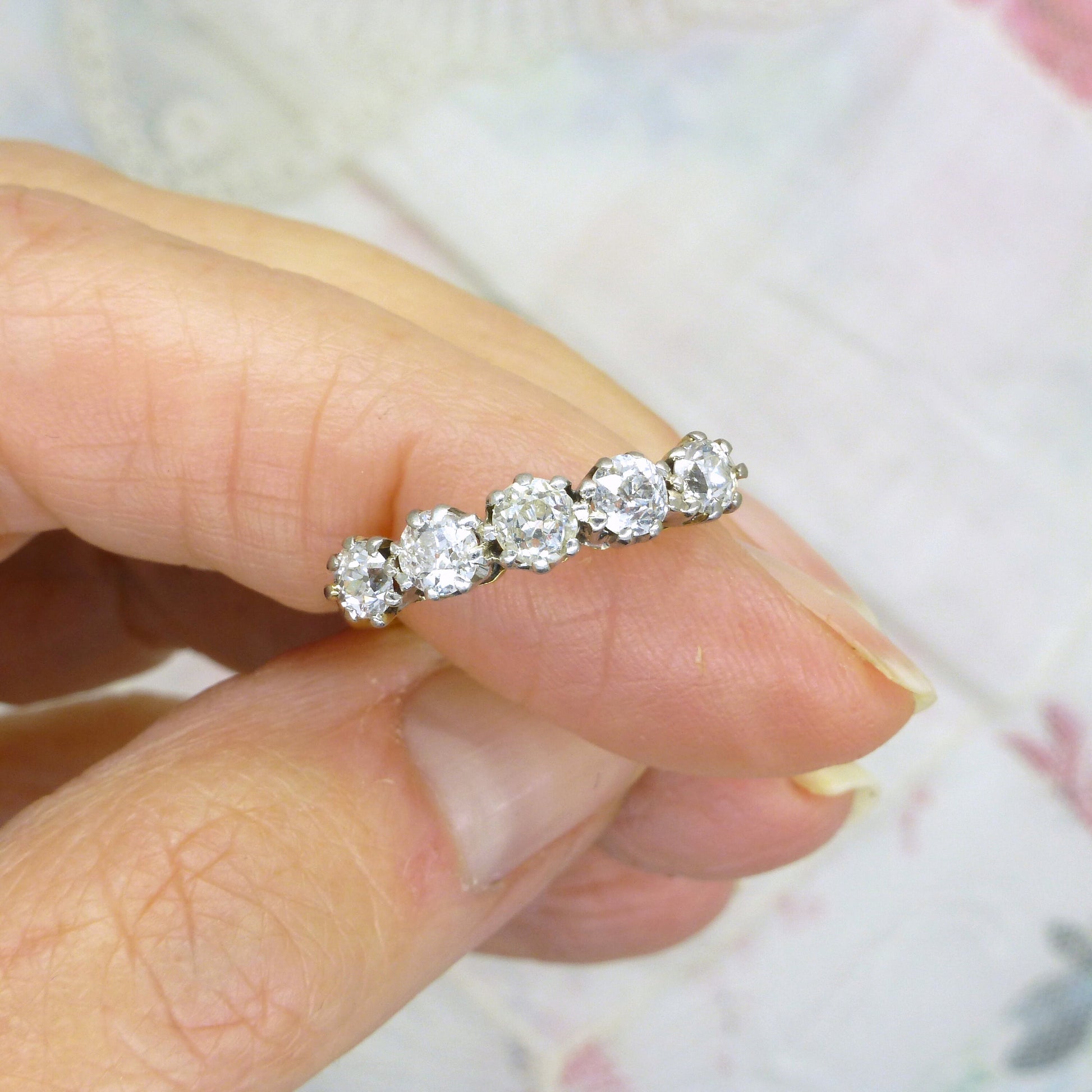 Antique Edwardian 18ct Platinum old mine cut diamond five stone ring 0.85ct c1900s -1920's