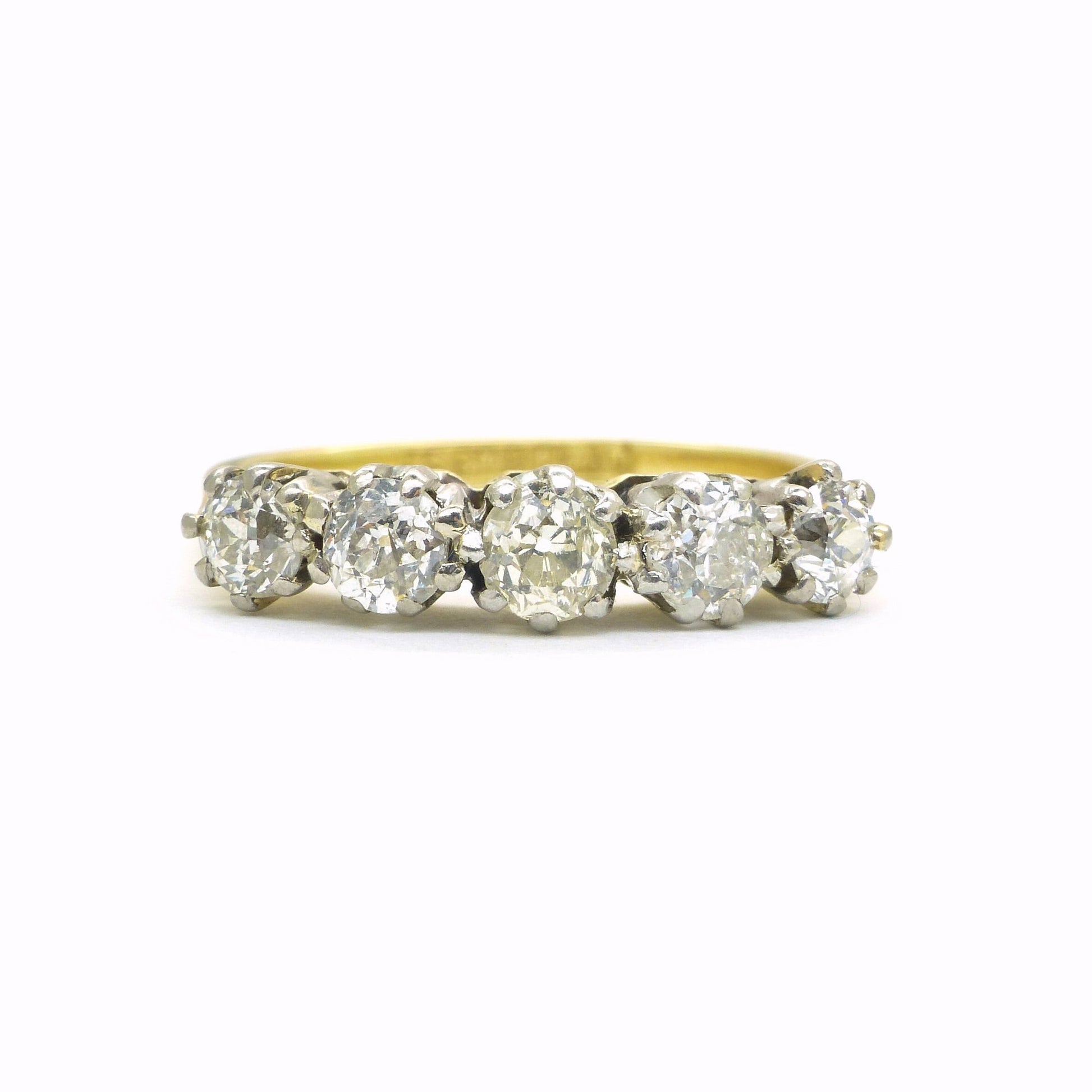 Antique Edwardian 18ct Platinum old mine cut diamond five stone ring 0.85ct c1900s -1920's