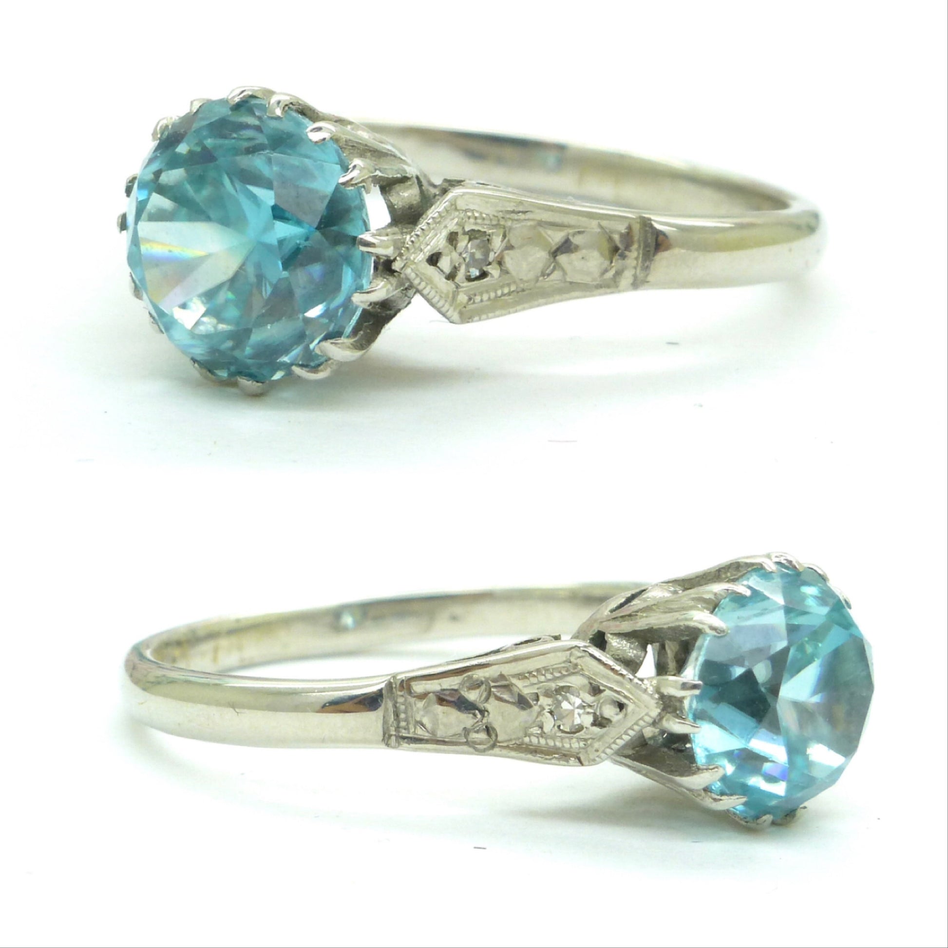 Vintage Art Deco Blue Zircon 9ct white gold Solitaire ring