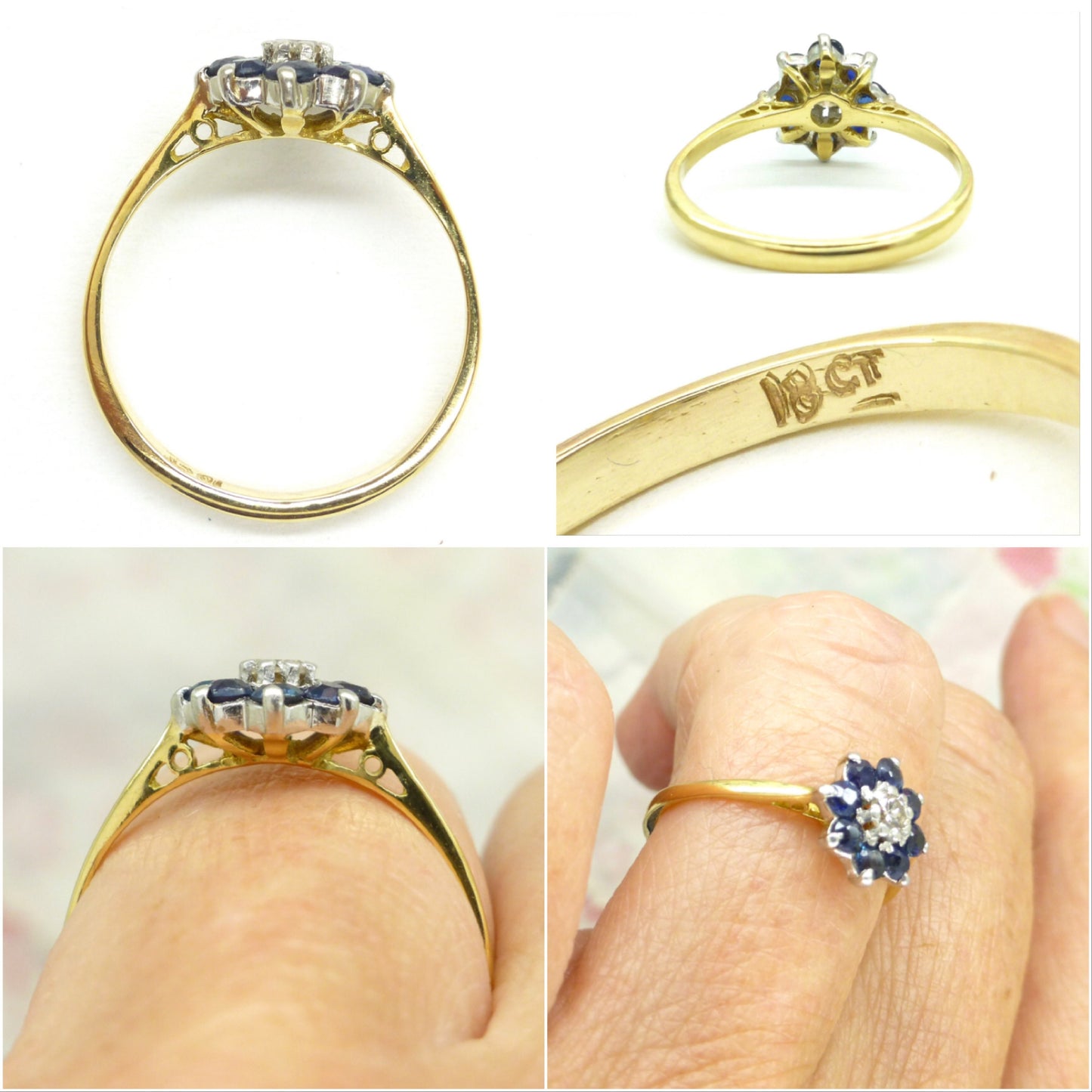 Sweet vintage 18ct diamond & sapphire daisy cluster ring c1970's